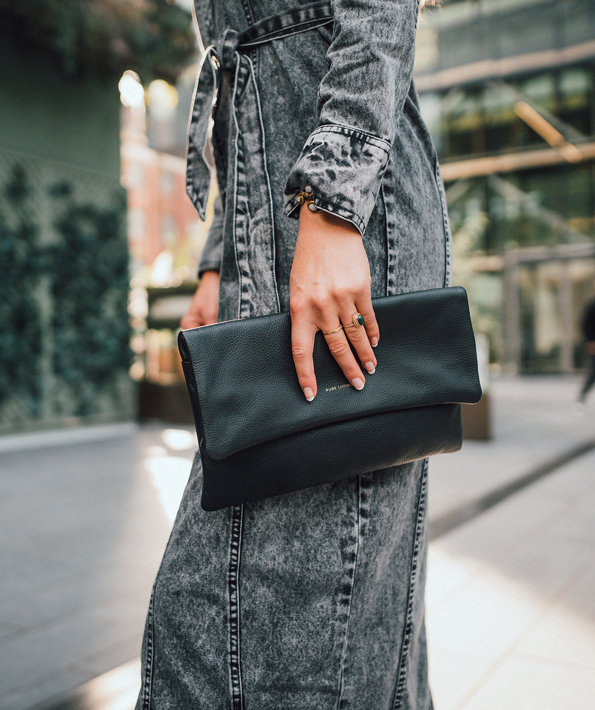 'Audrina' Black Leather Clutch Bag