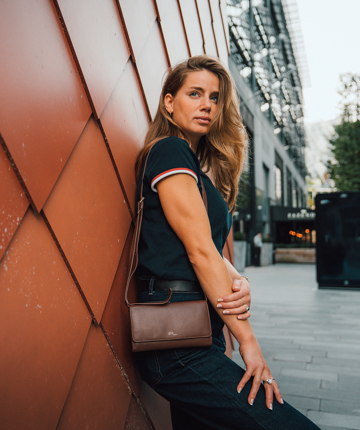 'Saffron' Dark Tan Nappa Leather Cross Body Clutch Bag