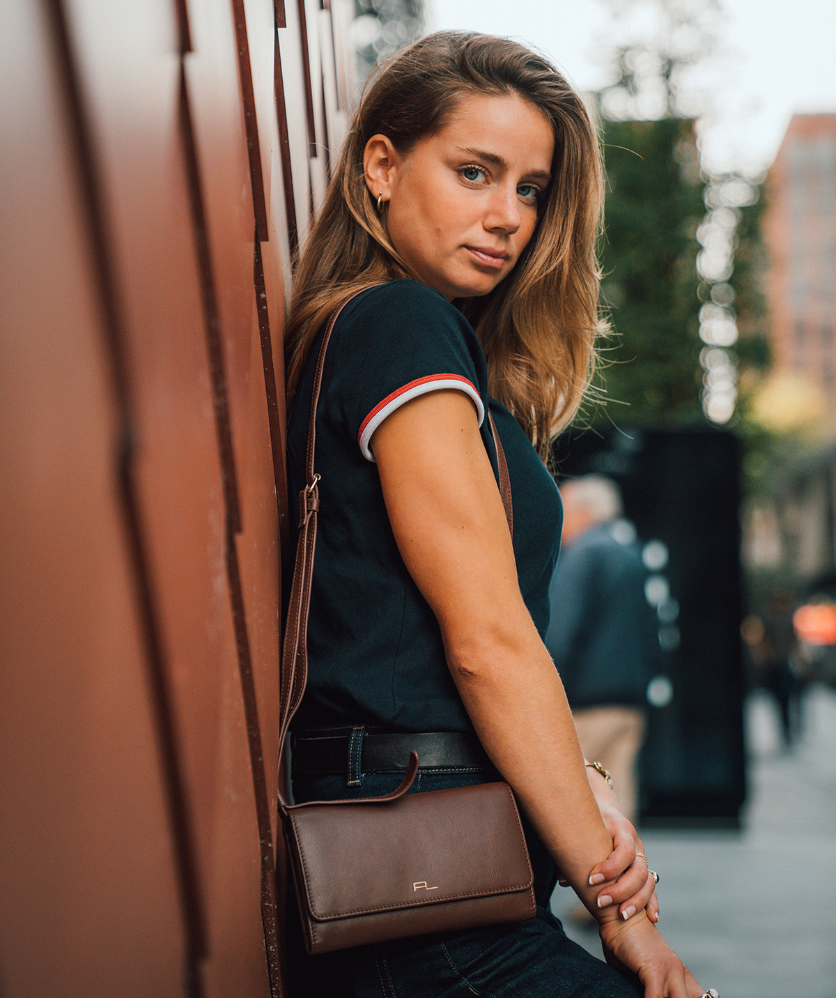 'Saffron' Dark Tan Nappa Leather Cross Body Clutch Bag