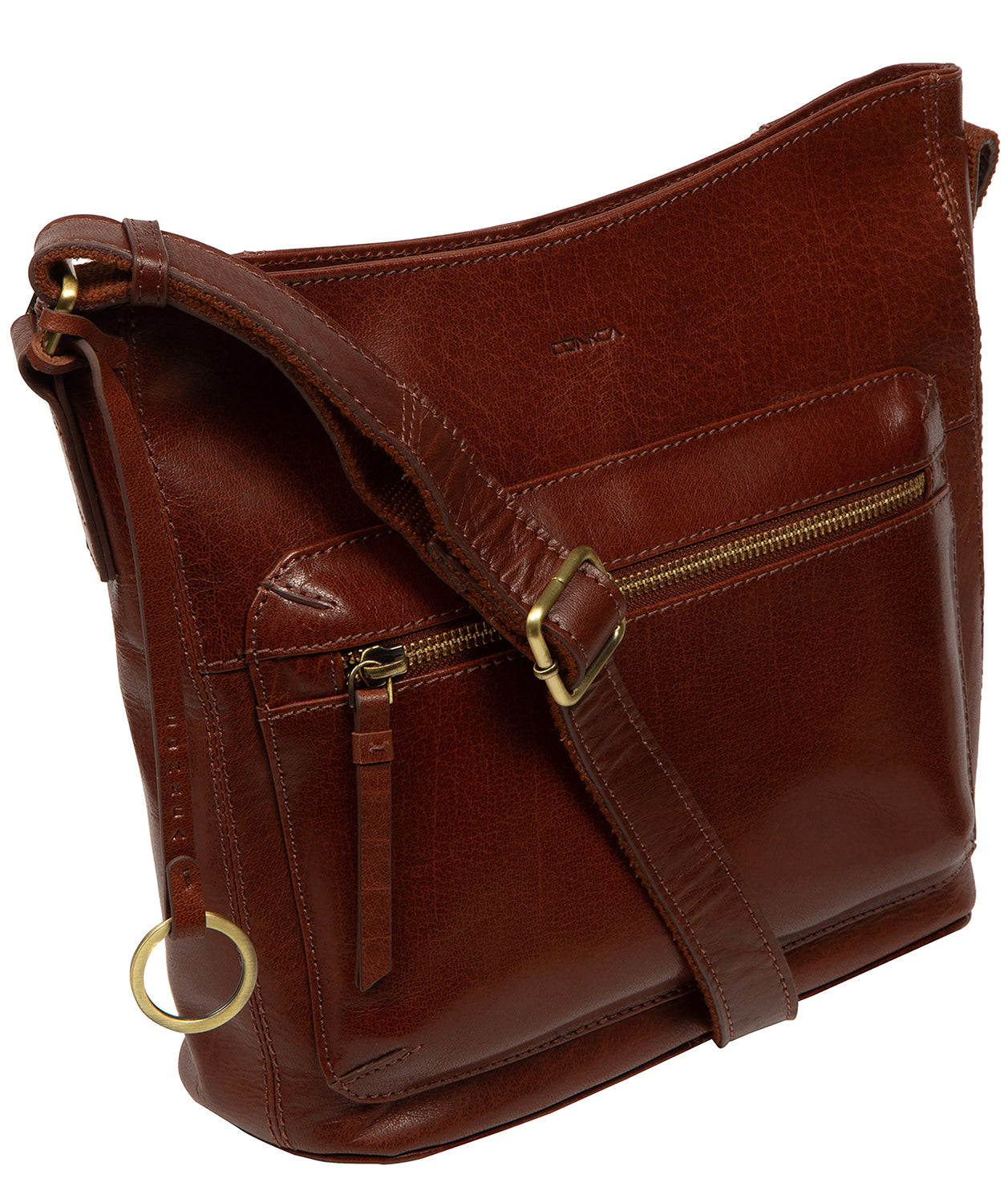 Full bag view highlighting natural leather texture and tone