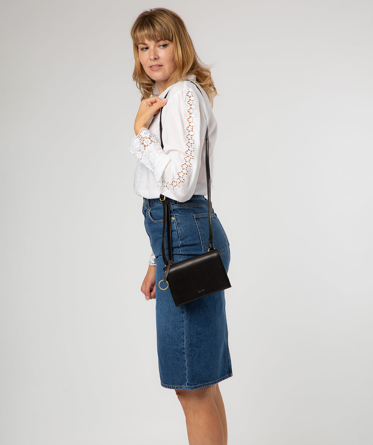 'Fleur' Black Leather Cross Body Bag