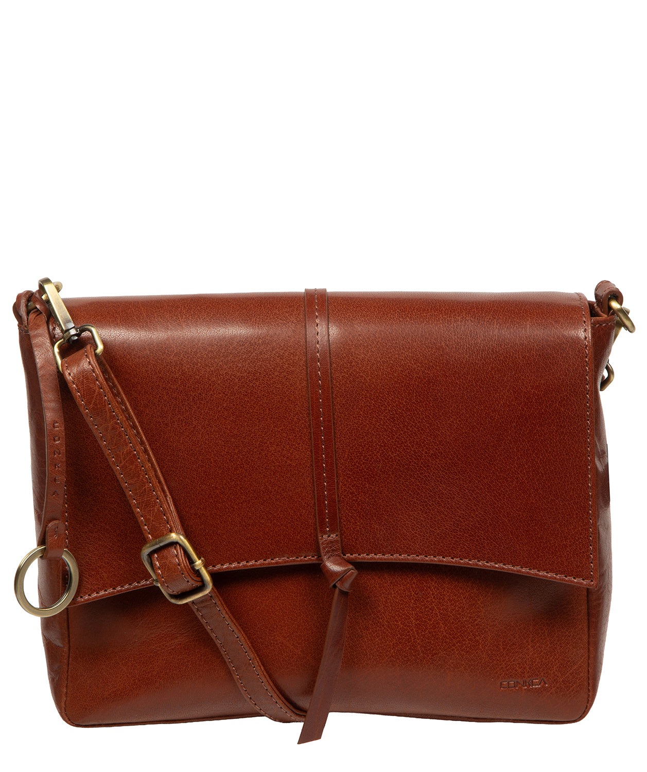 Conkca London Maya conker brown leather crossbody bag front view