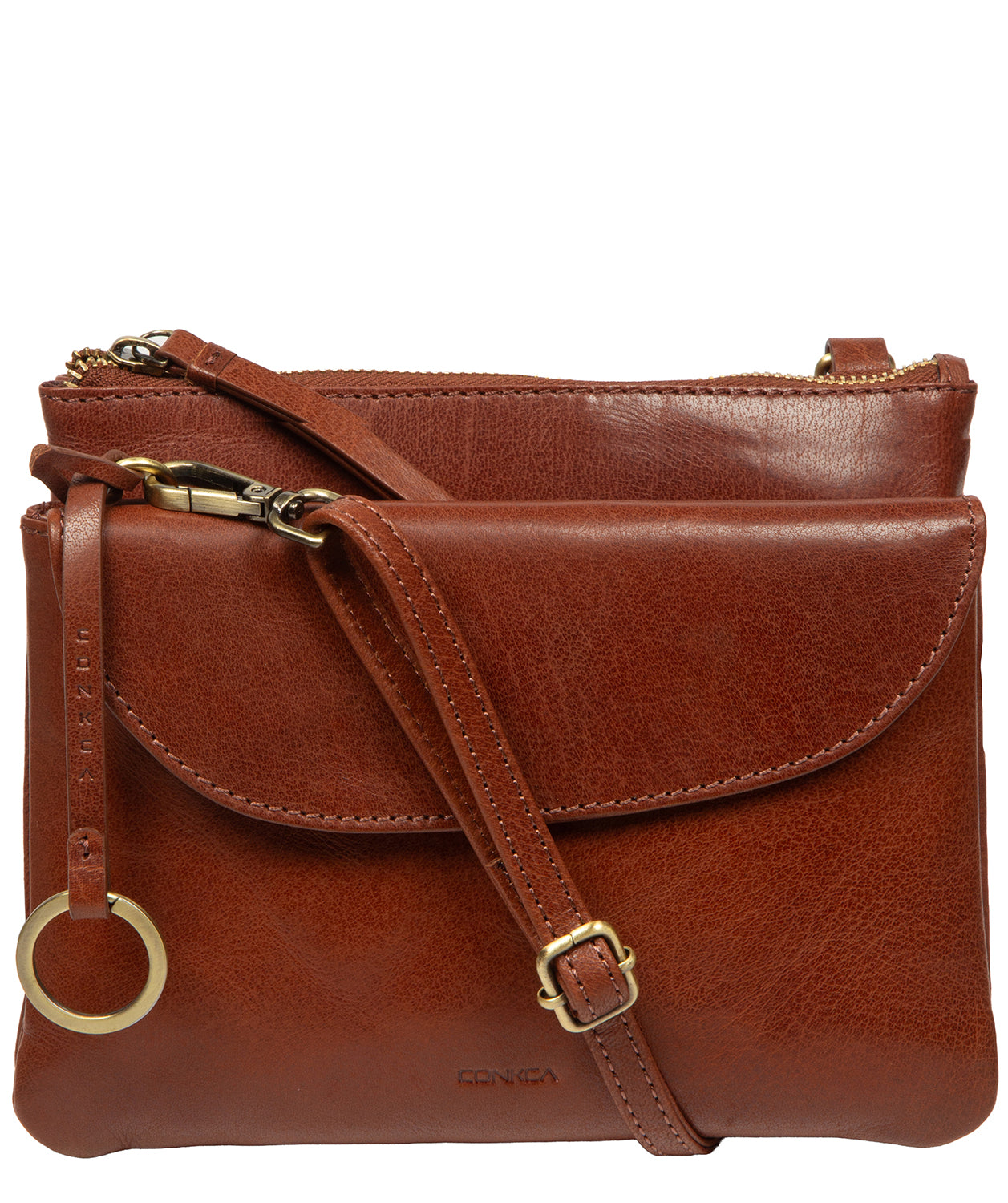 Conkca London Skylark conker brown leather crossbody bag front view