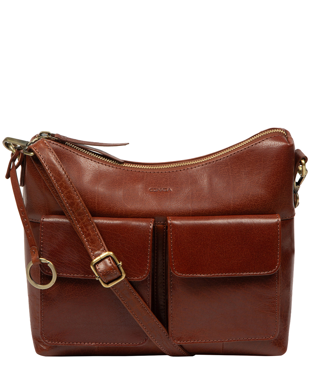 Snowdrop shoulder bag side profile with brass zip hardware