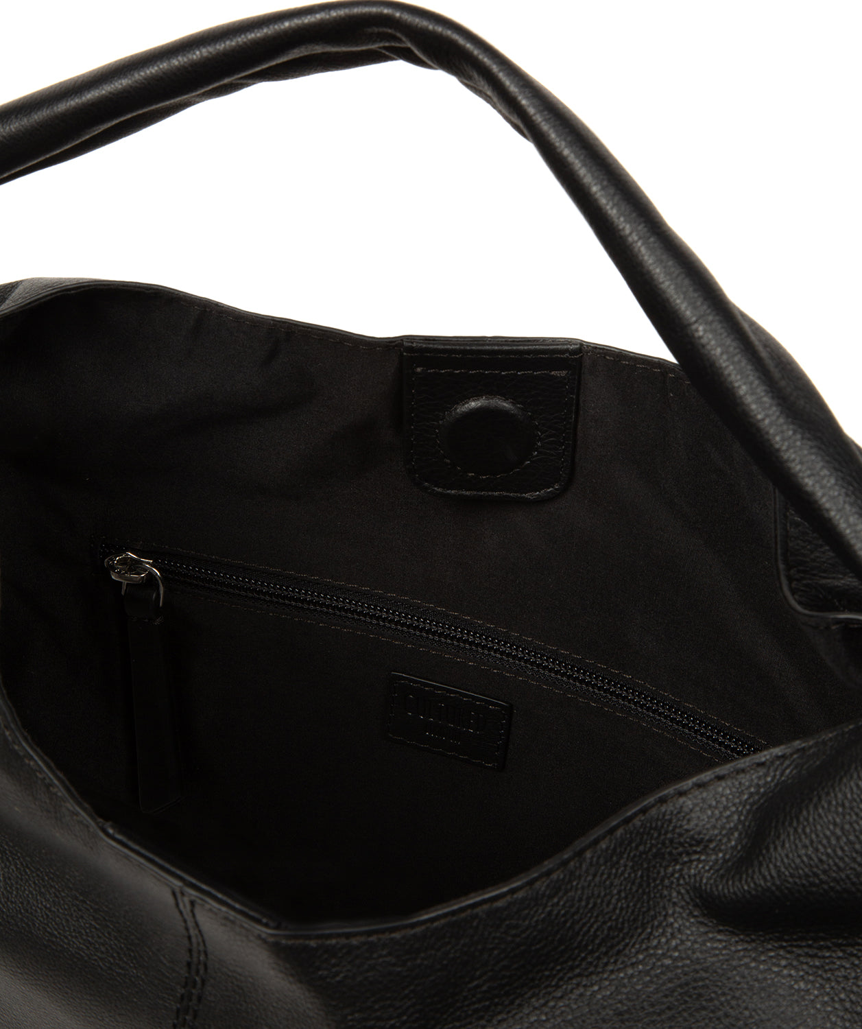 Black leather tote bag rear panel with logo