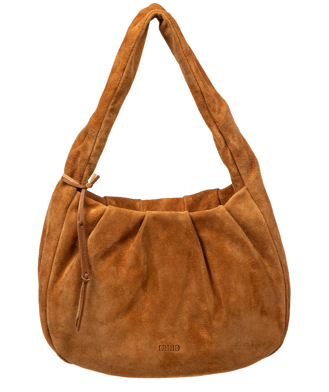 Cultured London Beatriz tan suede handbag front view