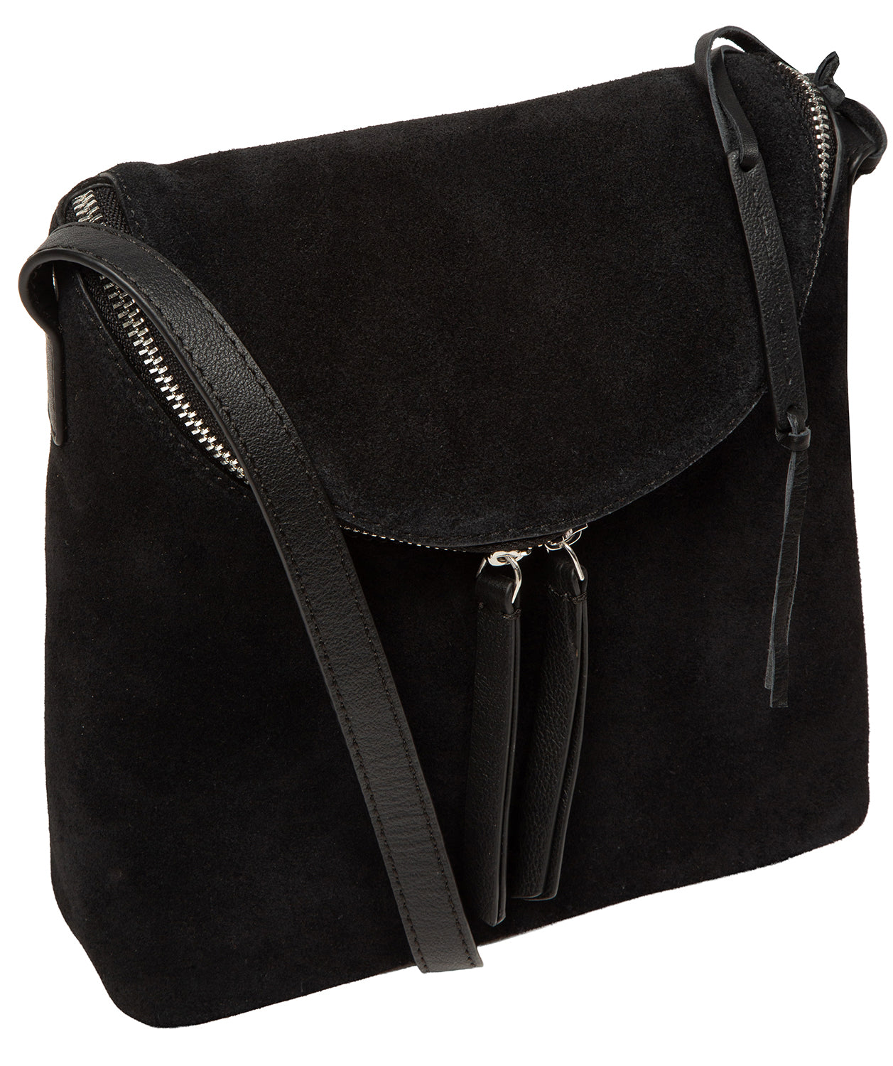 Side profile showing suede texture and decorative hanging charm
