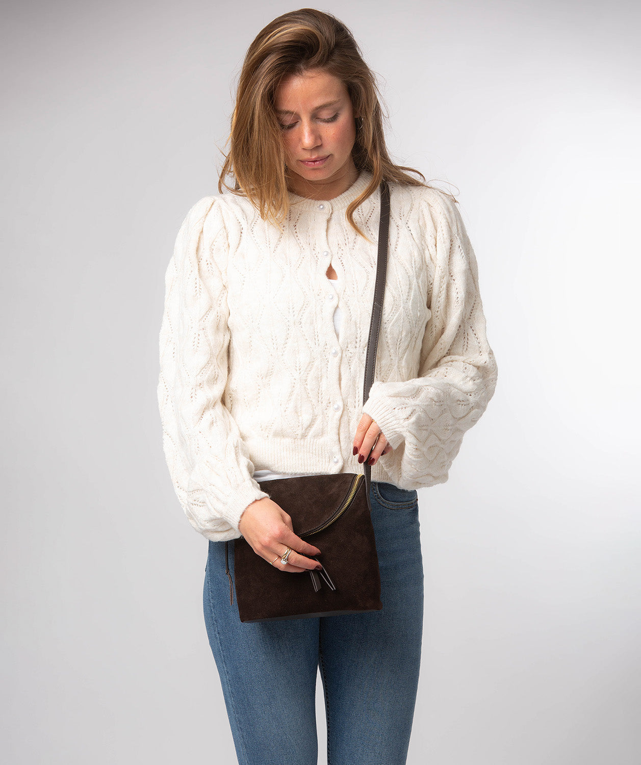 Cultured London Luisana cocoa suede leather crossbody bag front view