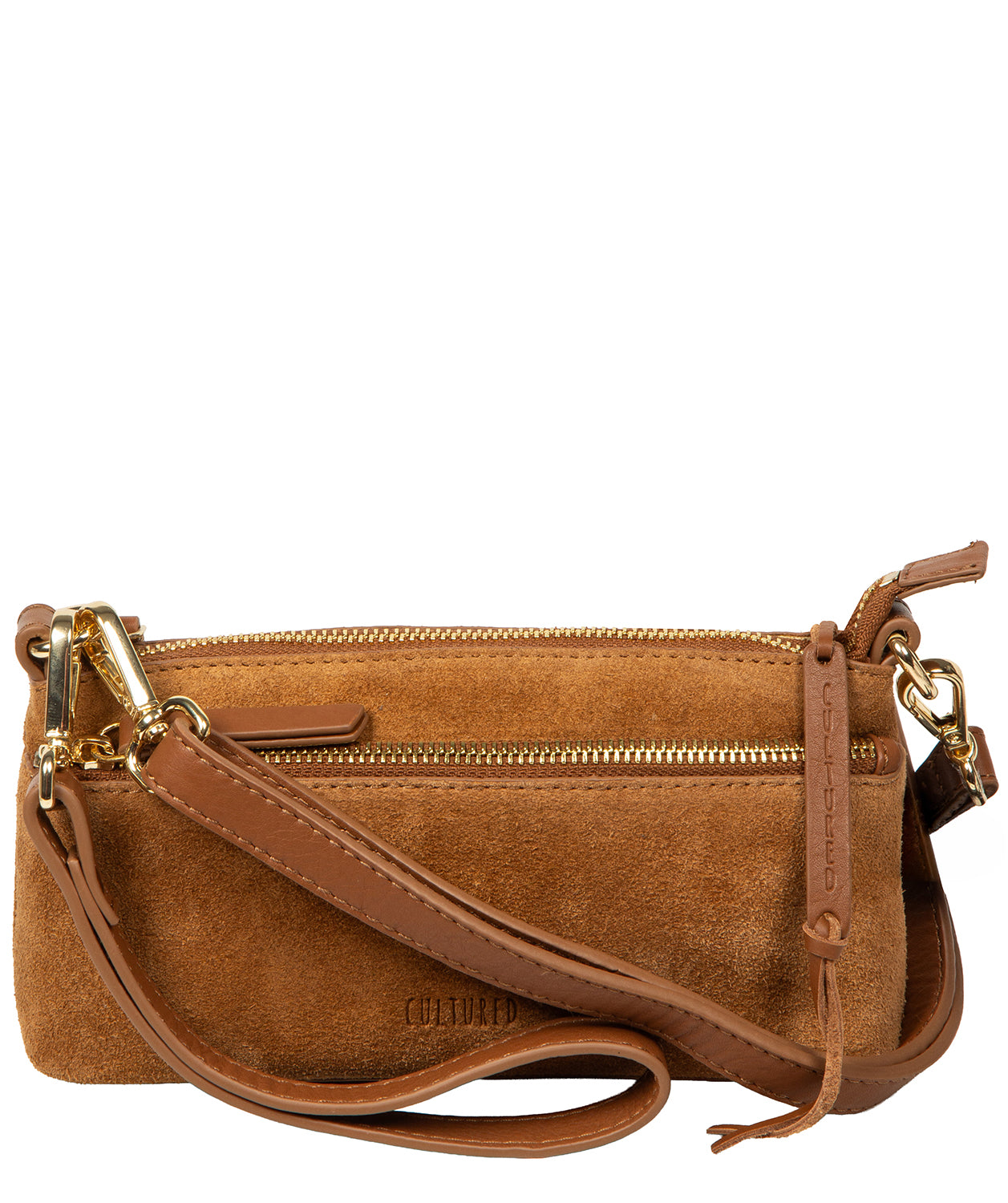 Cultured London Rosalia tan suede evening clutch bag front view