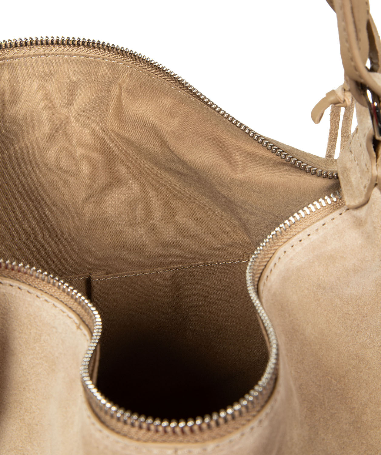 Top zip-over closure showing gold metal hardware