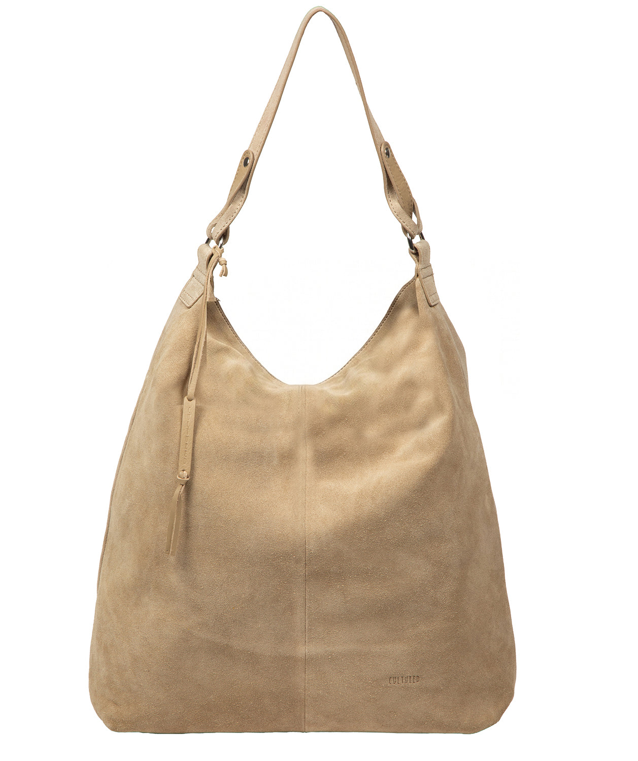Cultured London Harmony beige suede leather tote bag front view