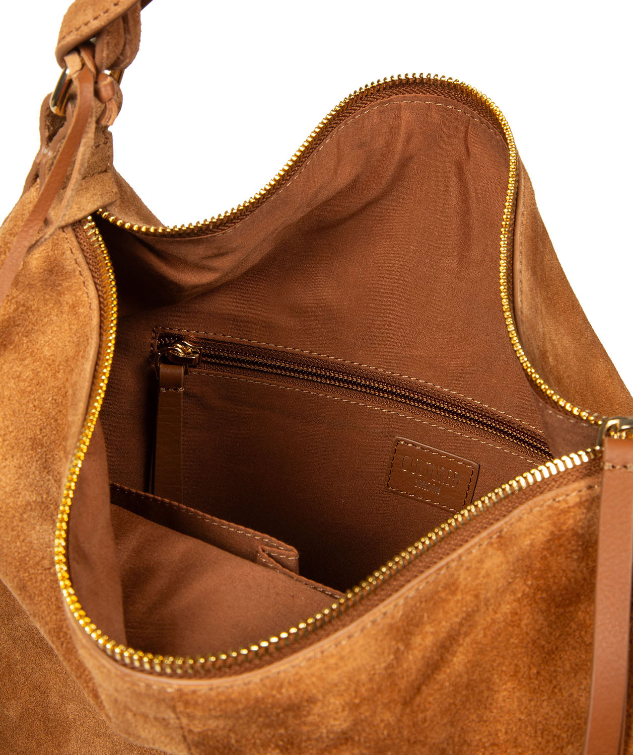 Back view tan suede tote with embossed logo