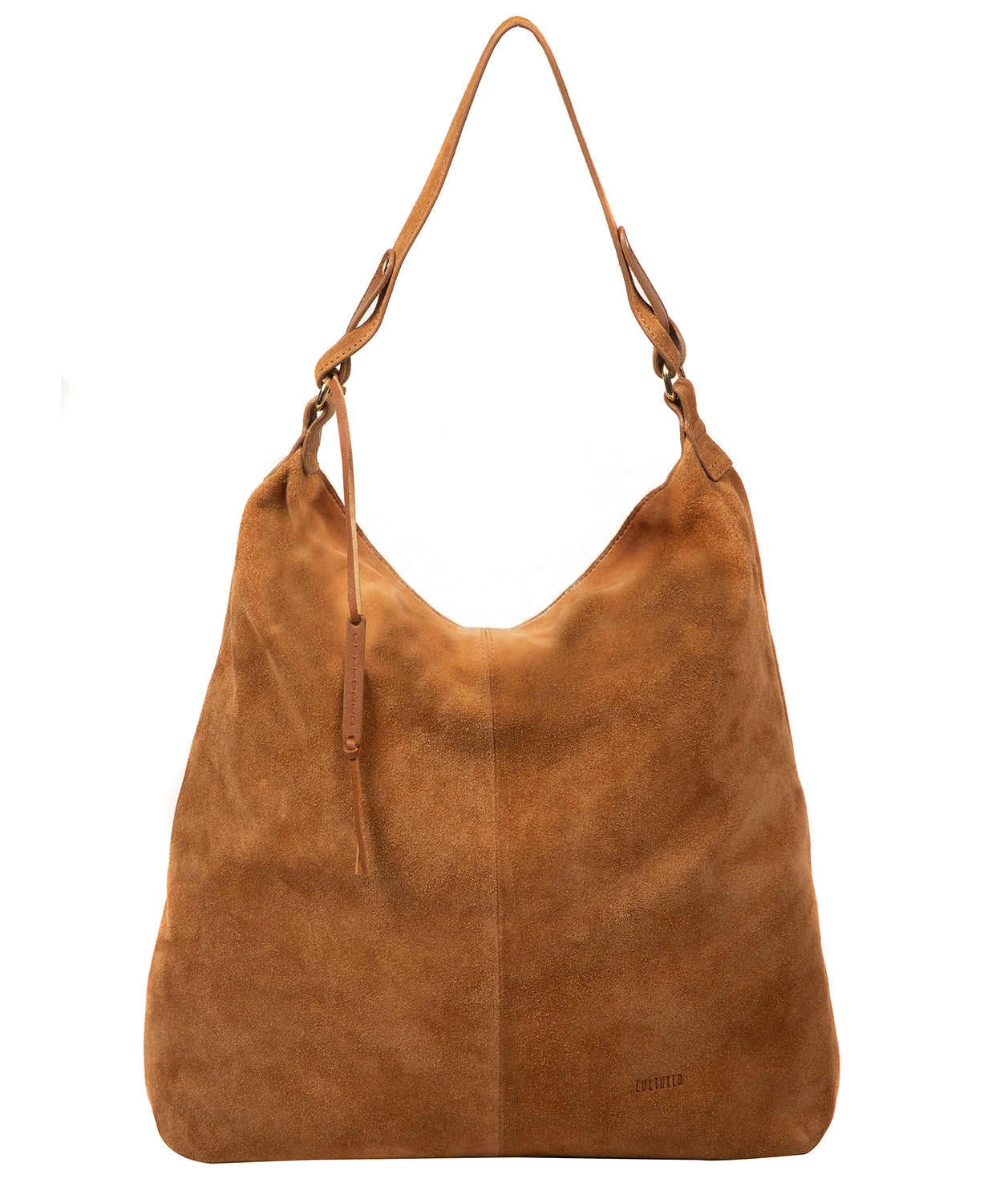 Cultured London Harmony tan suede leather tote bag front view
