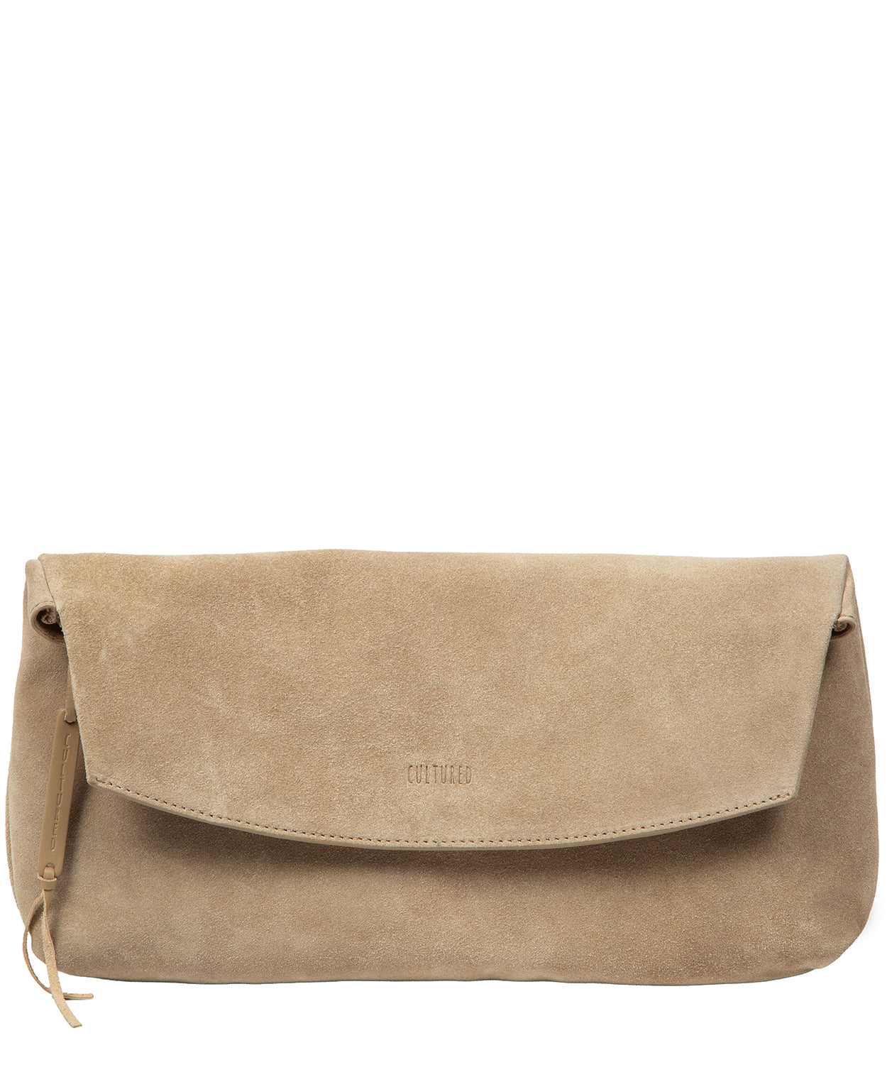 Cultured London Perla beige suede fold-over clutch bag front view
