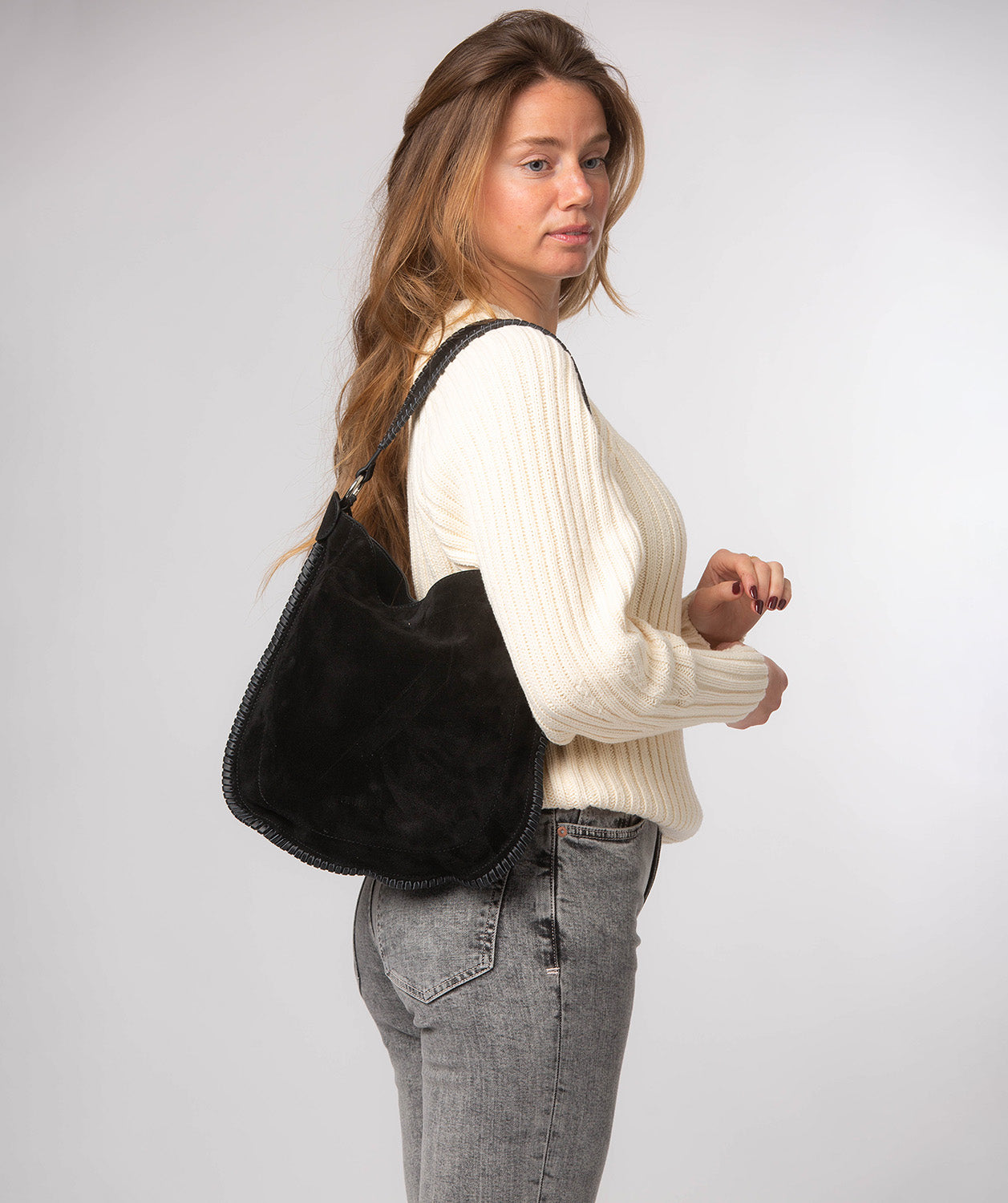 Cultured London Bonnie black suede shoulder bag front view