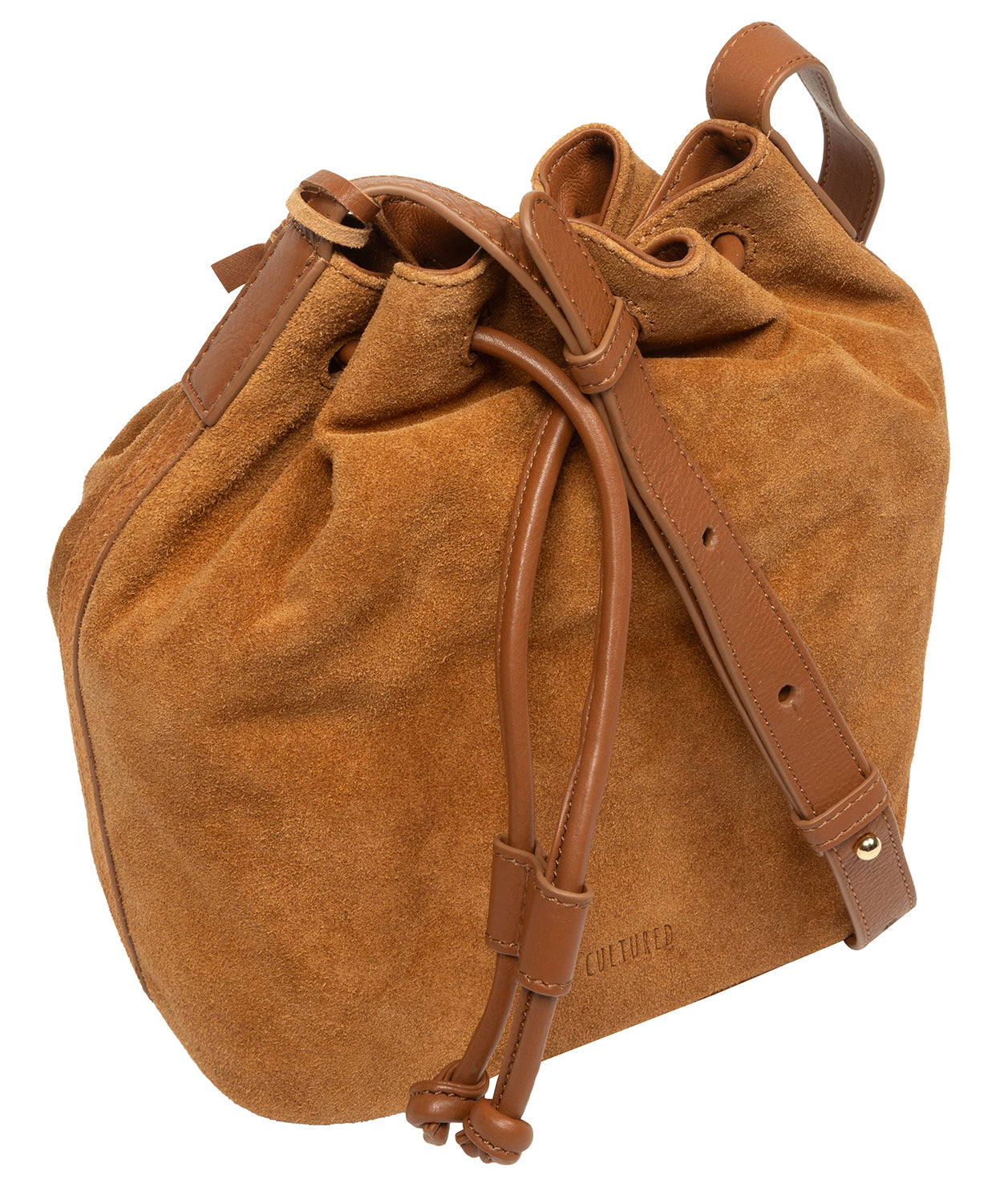 Back view Emerson tan bucket bag with Cultured London branding