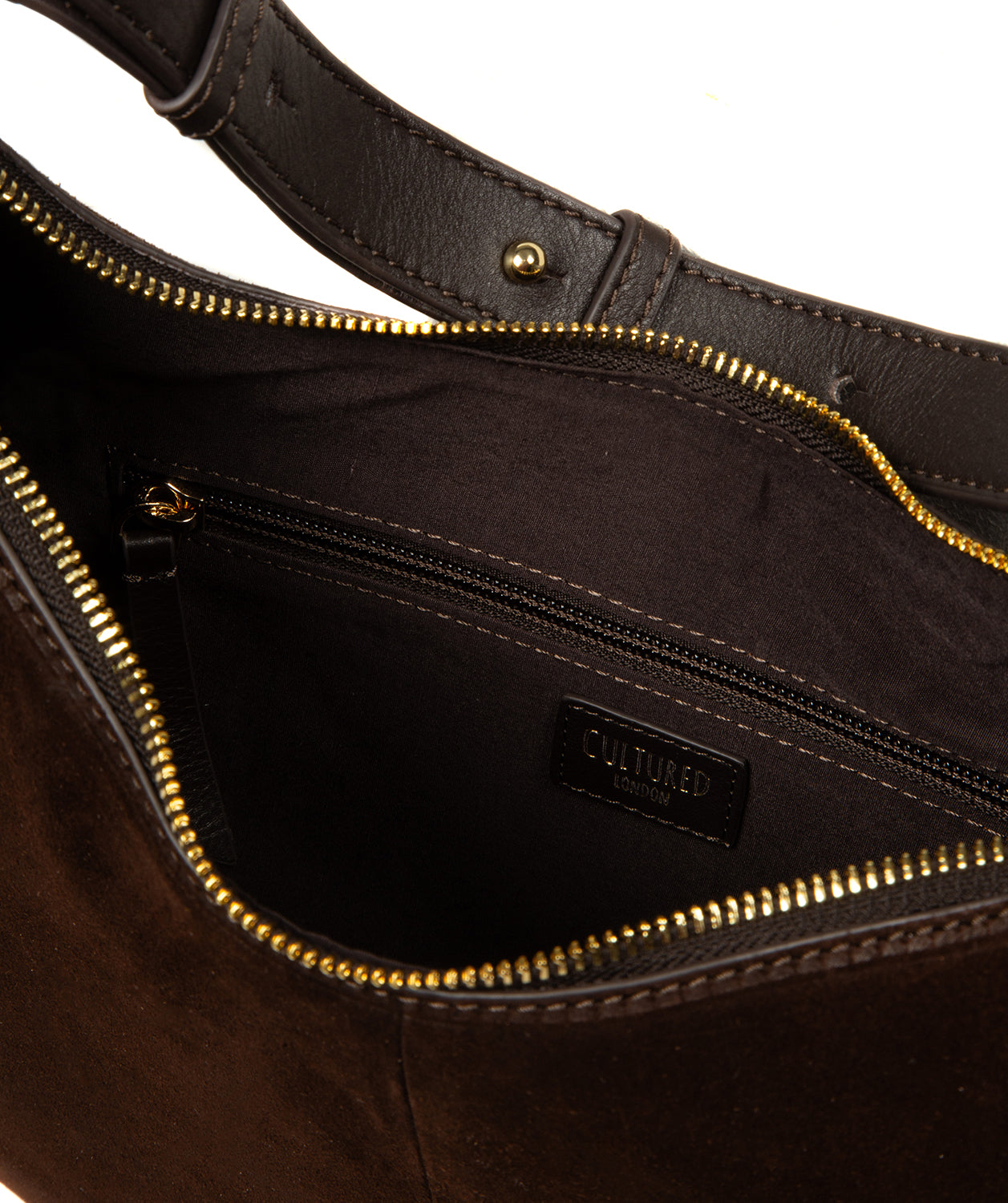 Kacey cocoa suede bag side profile showing bag structure