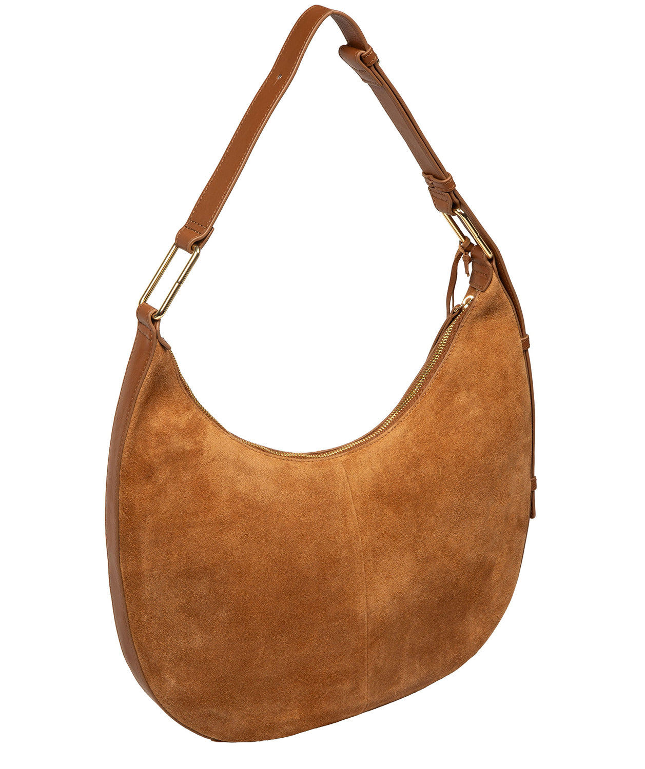 Tan suede and leather trim detail with silver hardware