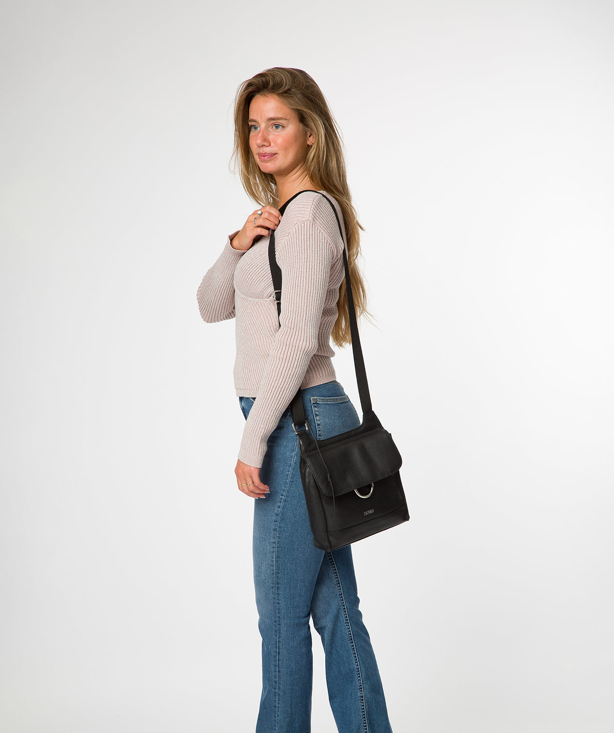 'Leigh' Black Leather Cross Body Bag