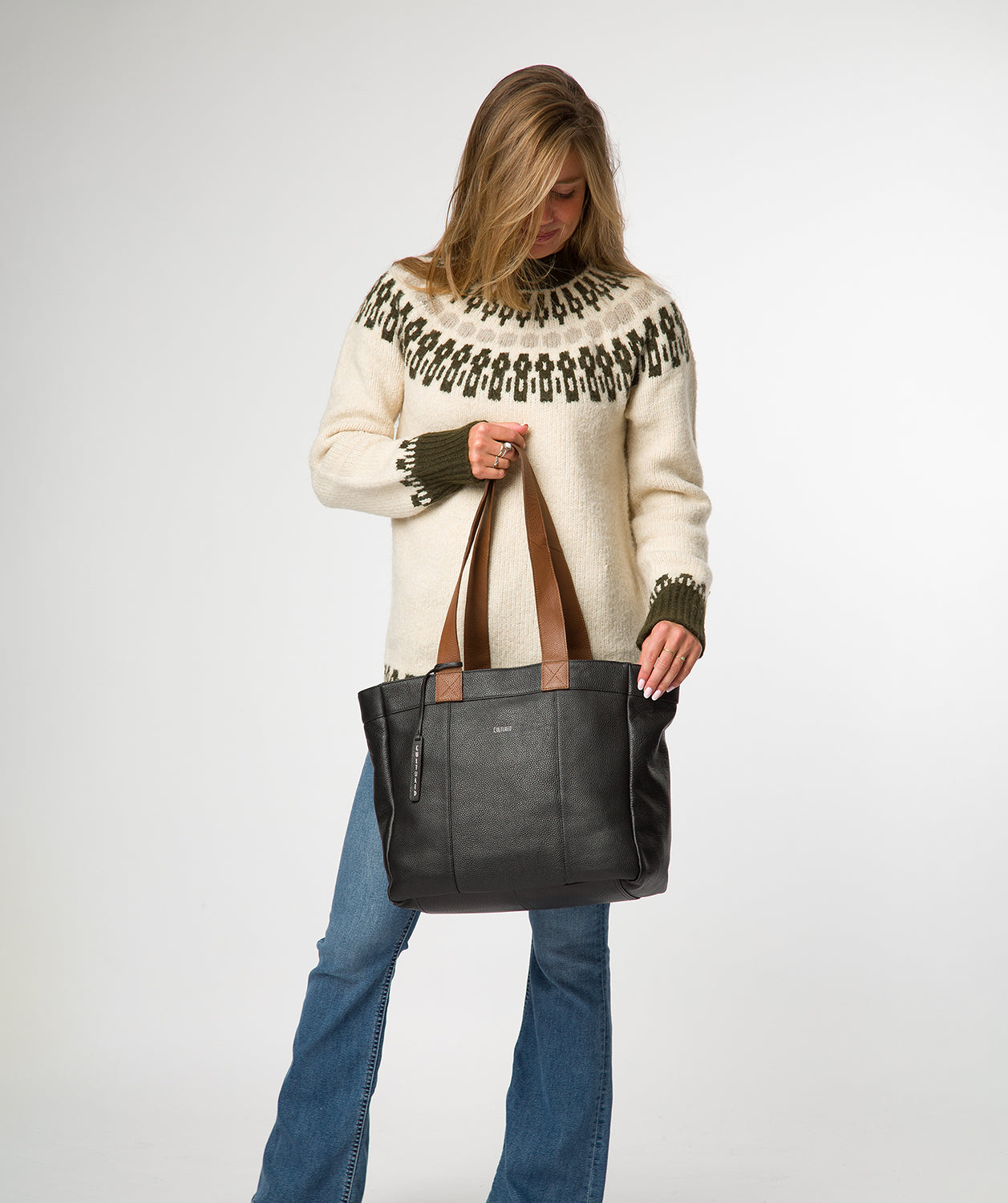 'Gisella' Black & Rich Tan Leather Tote Bag
