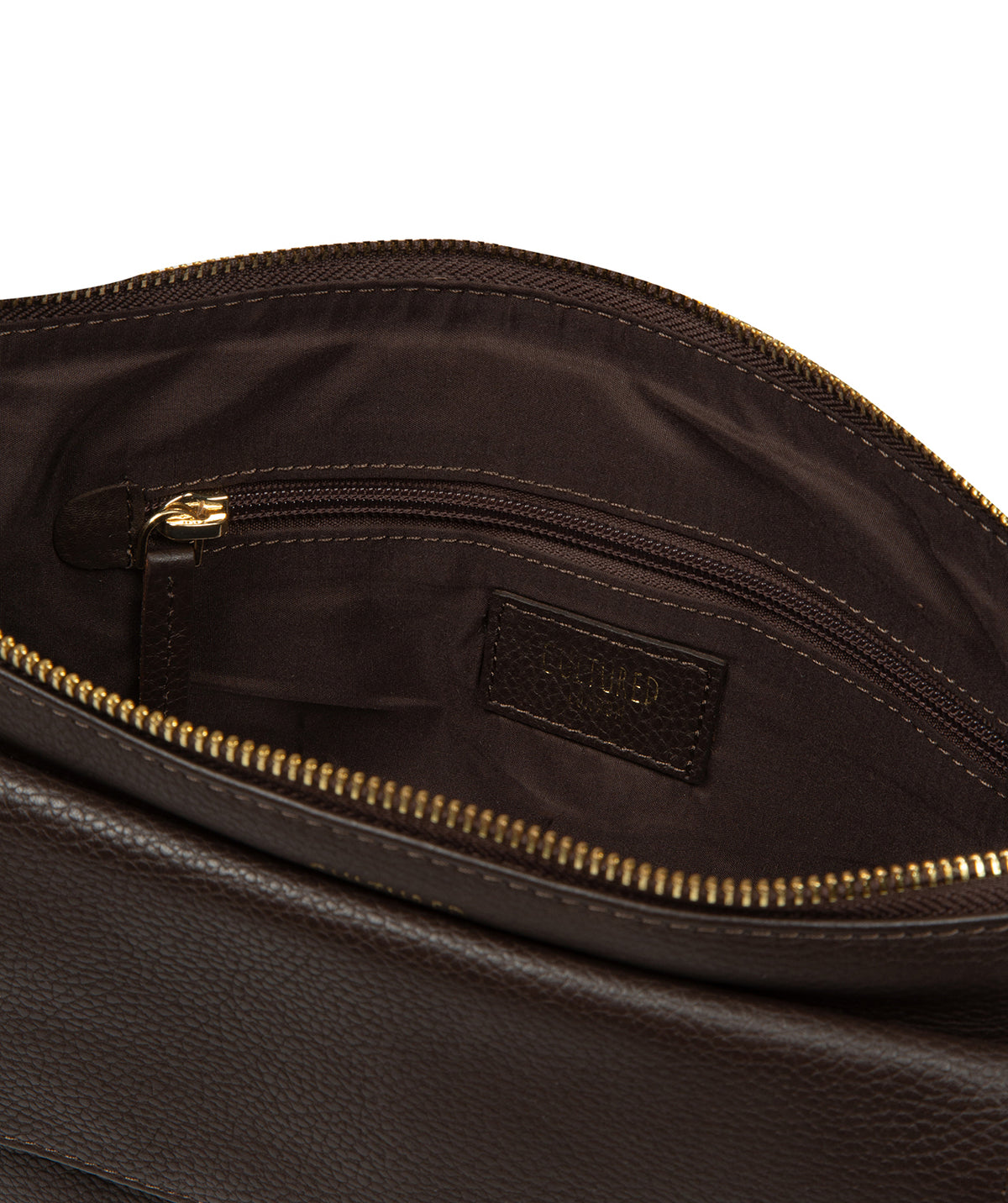 Gold-coloured metal hardware and leather charm accent