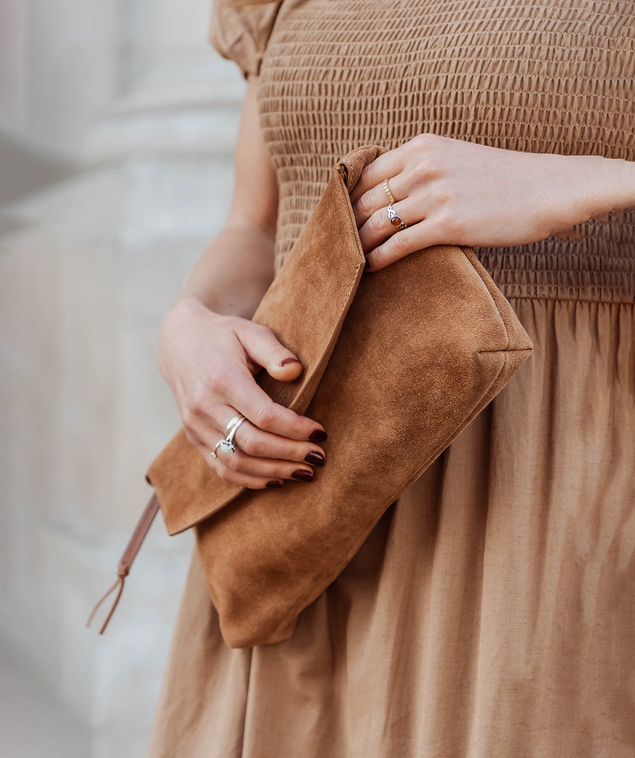 'Perla' Tan Suede Clutch Bag