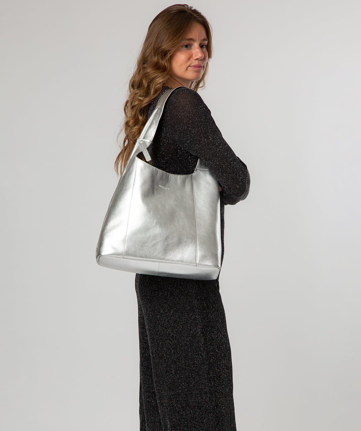 'Nina' Metallic Silver Leather Shoulder Bag