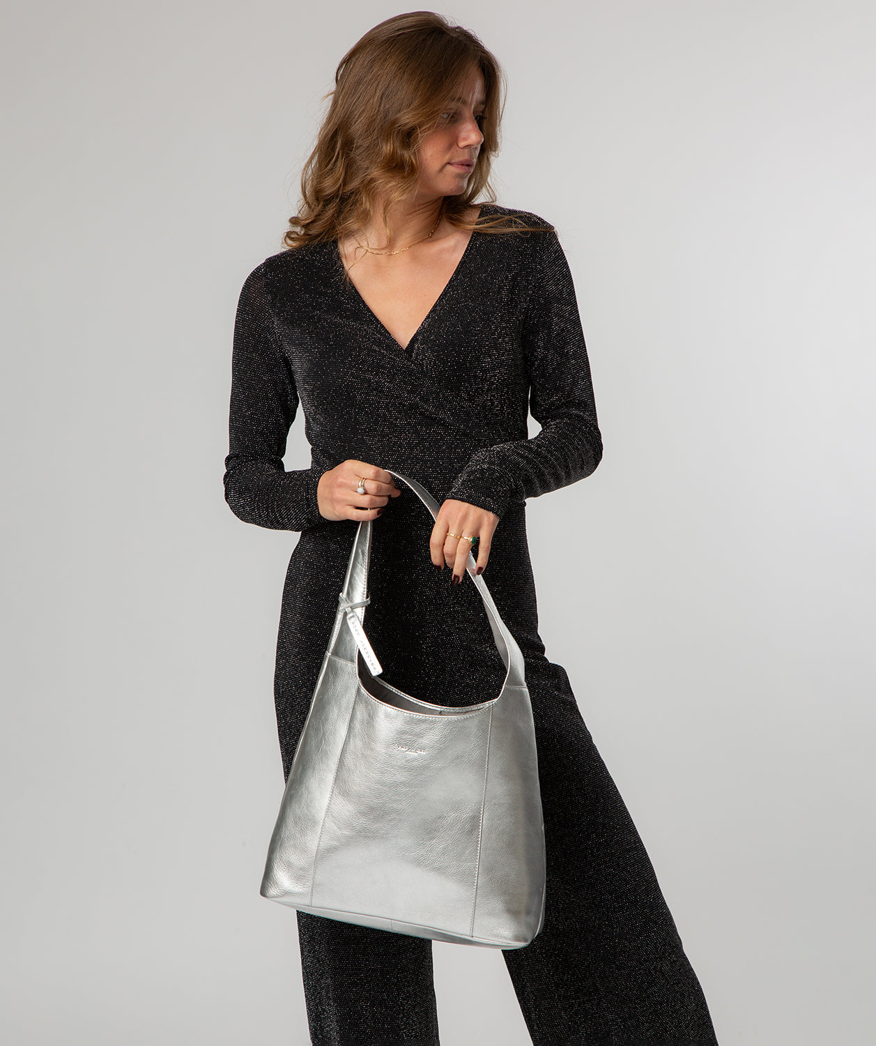 'Nina' Metallic Silver Leather Shoulder Bag