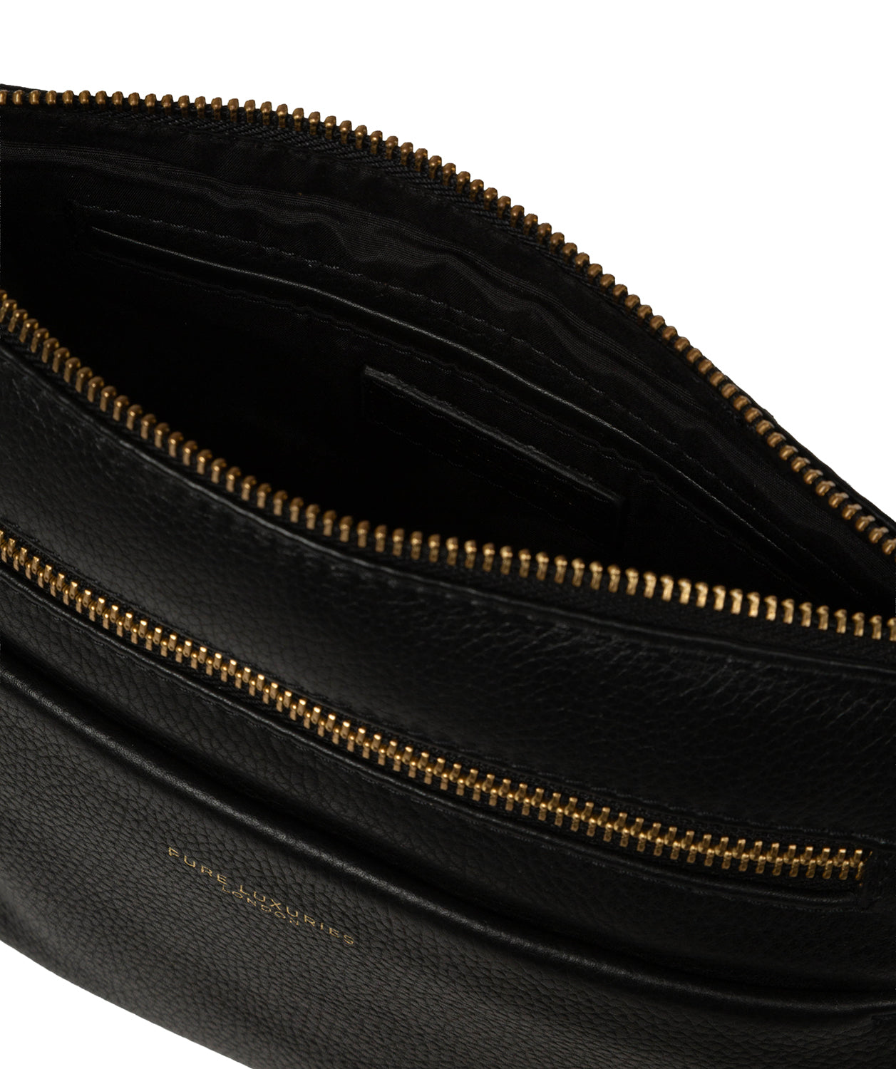 Gold-coloured metal zip and Pure Luxuries logo embossed detail