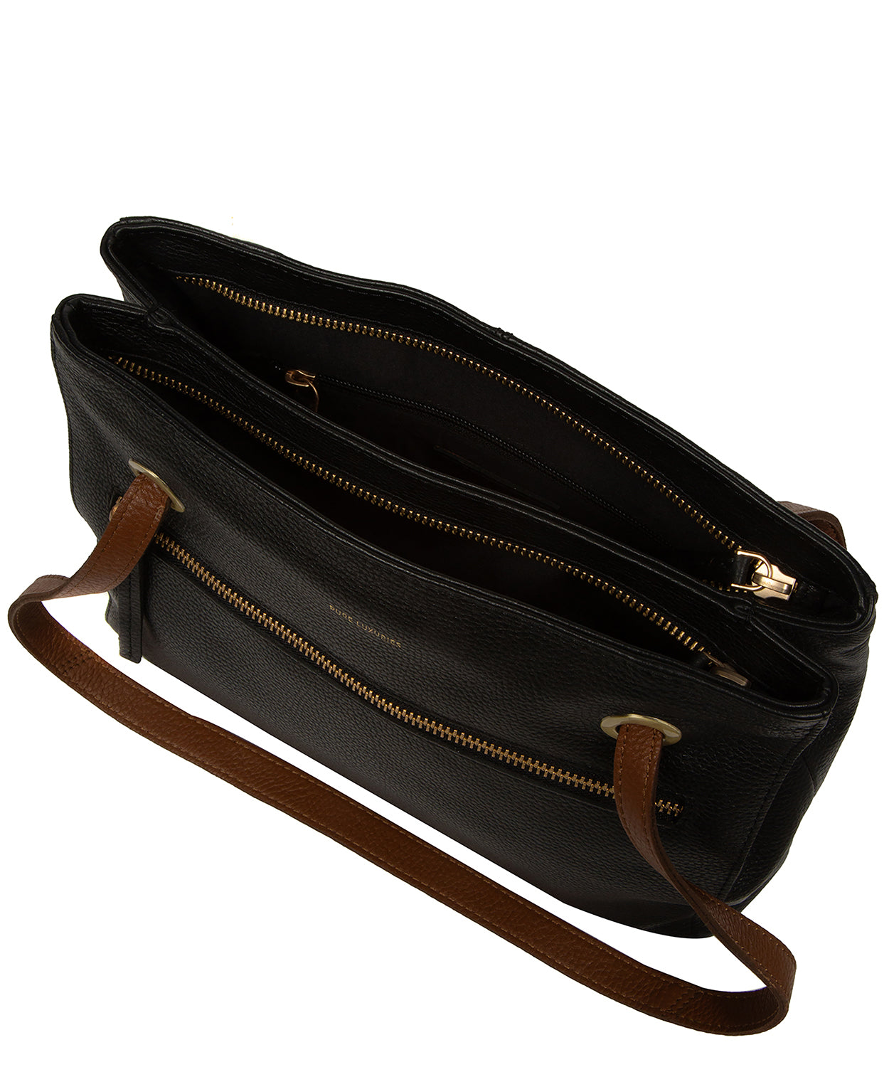 Adjustable leather handles and gold embossed logo detail