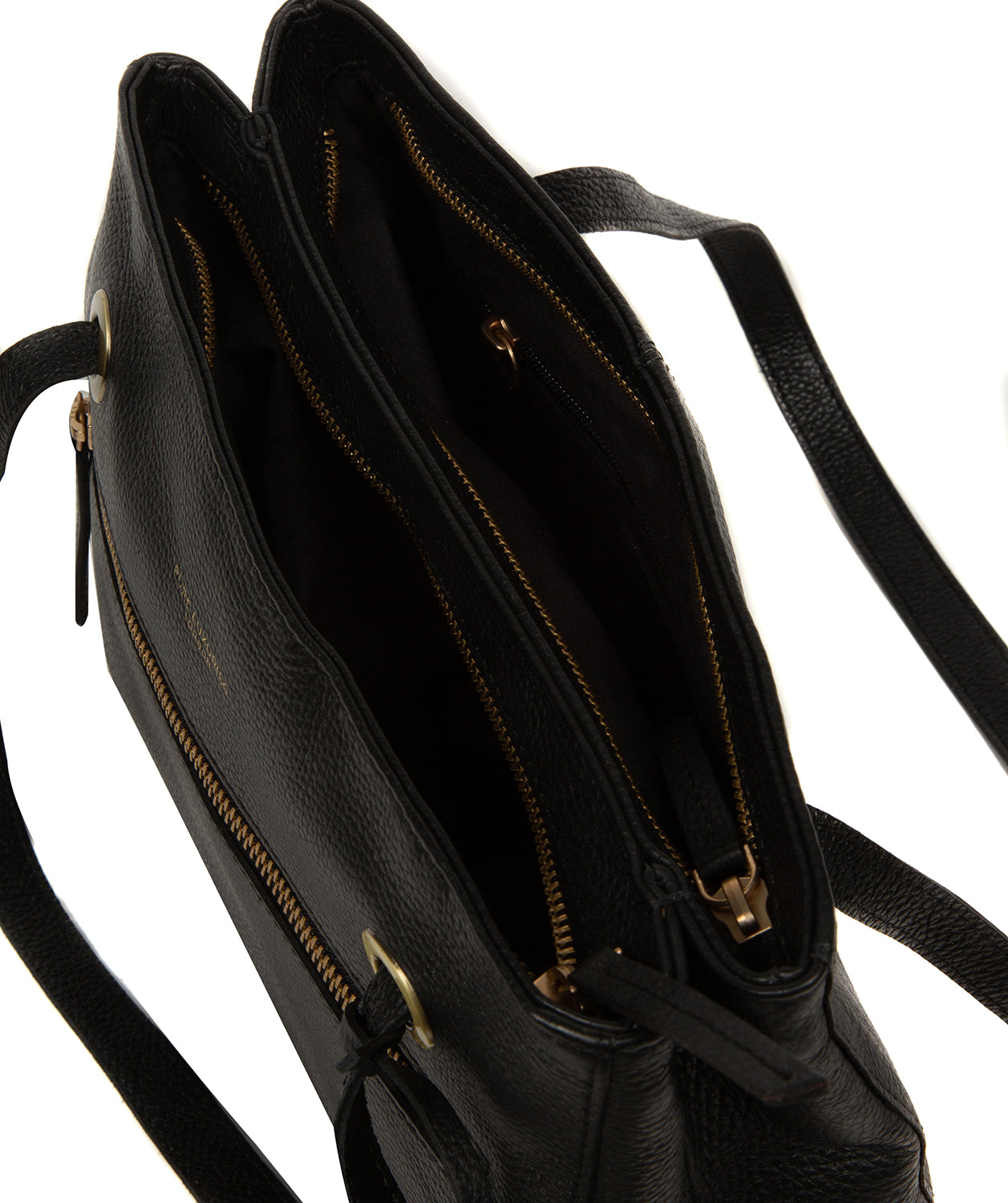 Noko handbag open showing triple compartment layout