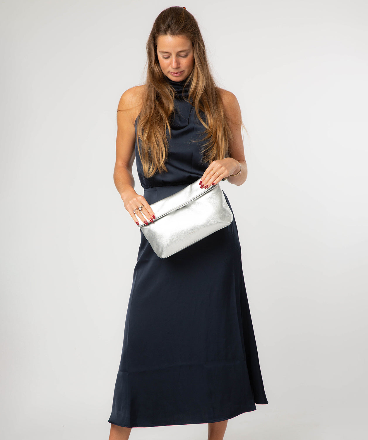 'Sabella' Metallic Silver Leather Clutch Bag