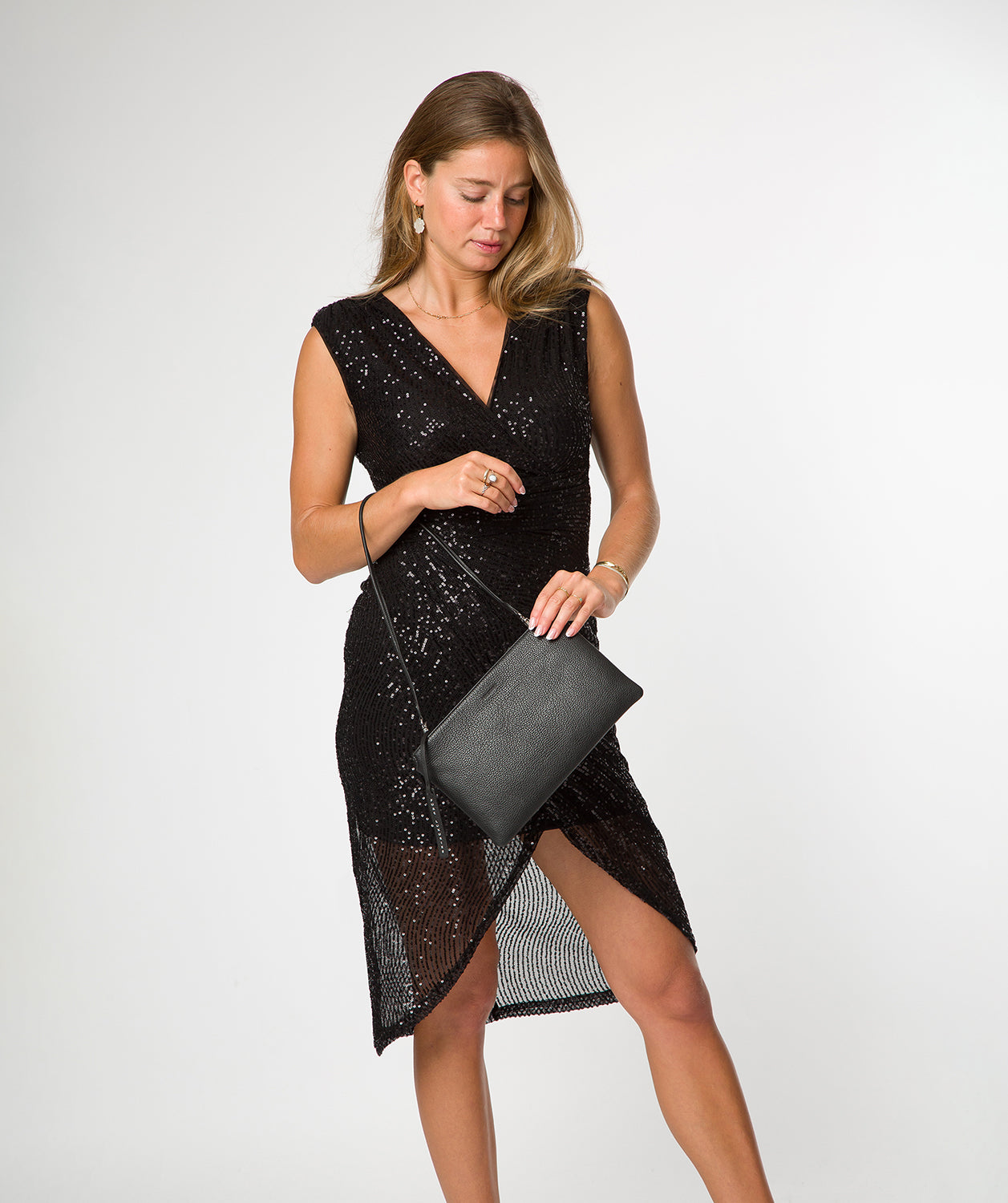 'Venetia' Black Leather Grab Clutch Bag