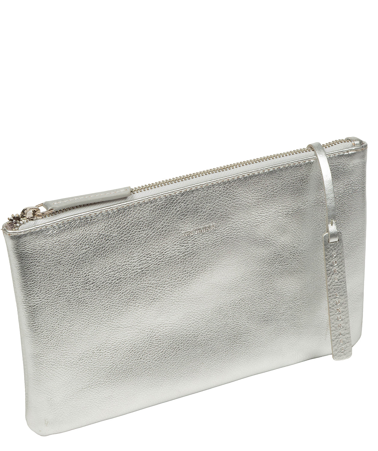 Metallic silver fittings and zip hardware close-up
