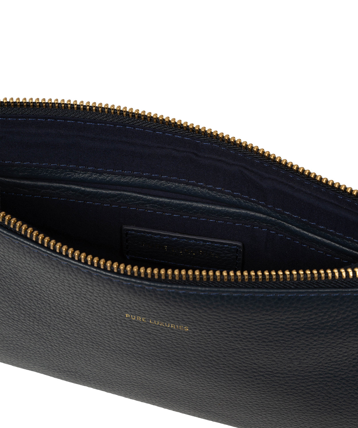 Gold foil embossed Pure Luxuries logo on clutch exterior