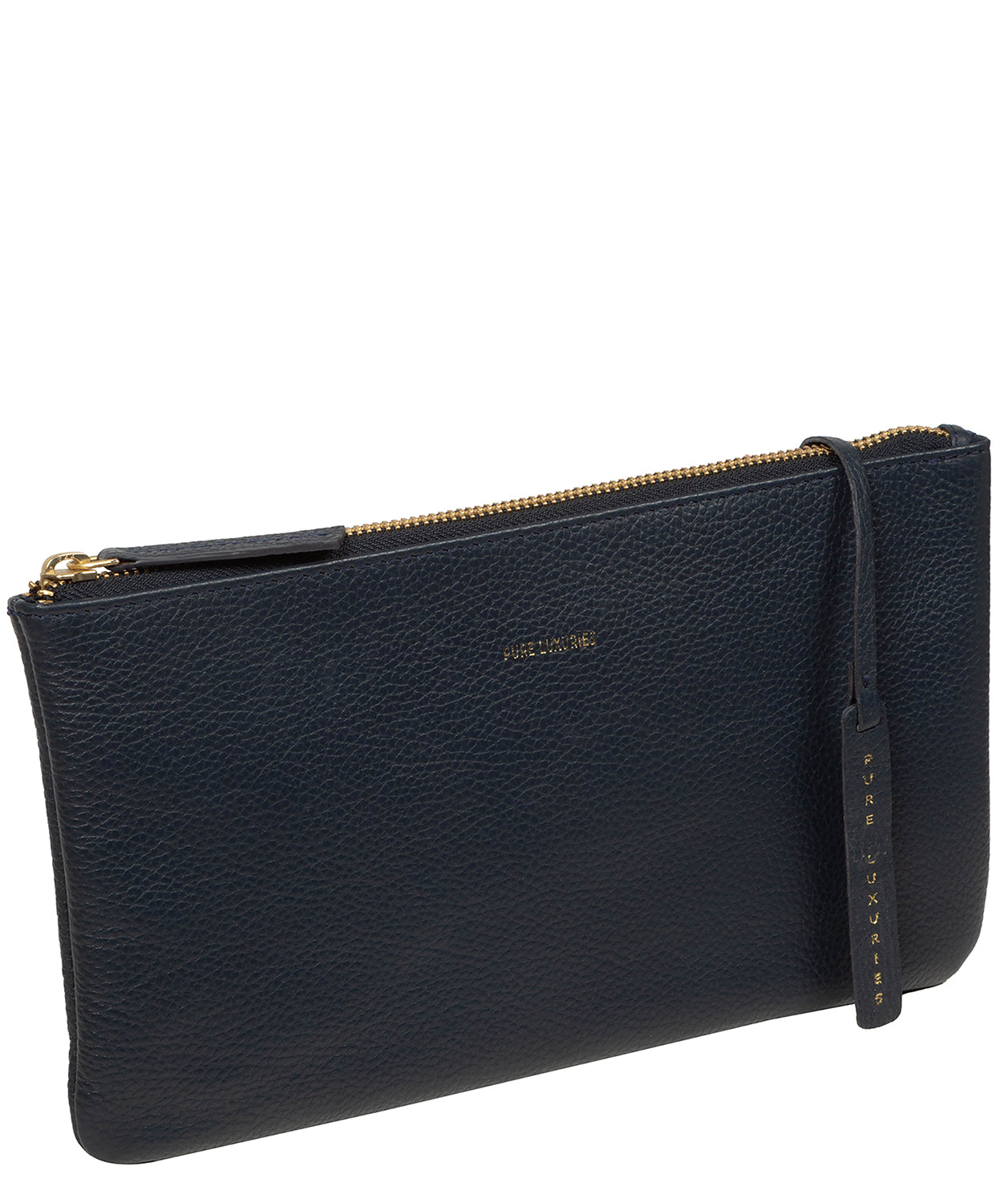 Hanging charm and refinement details on navy clutch