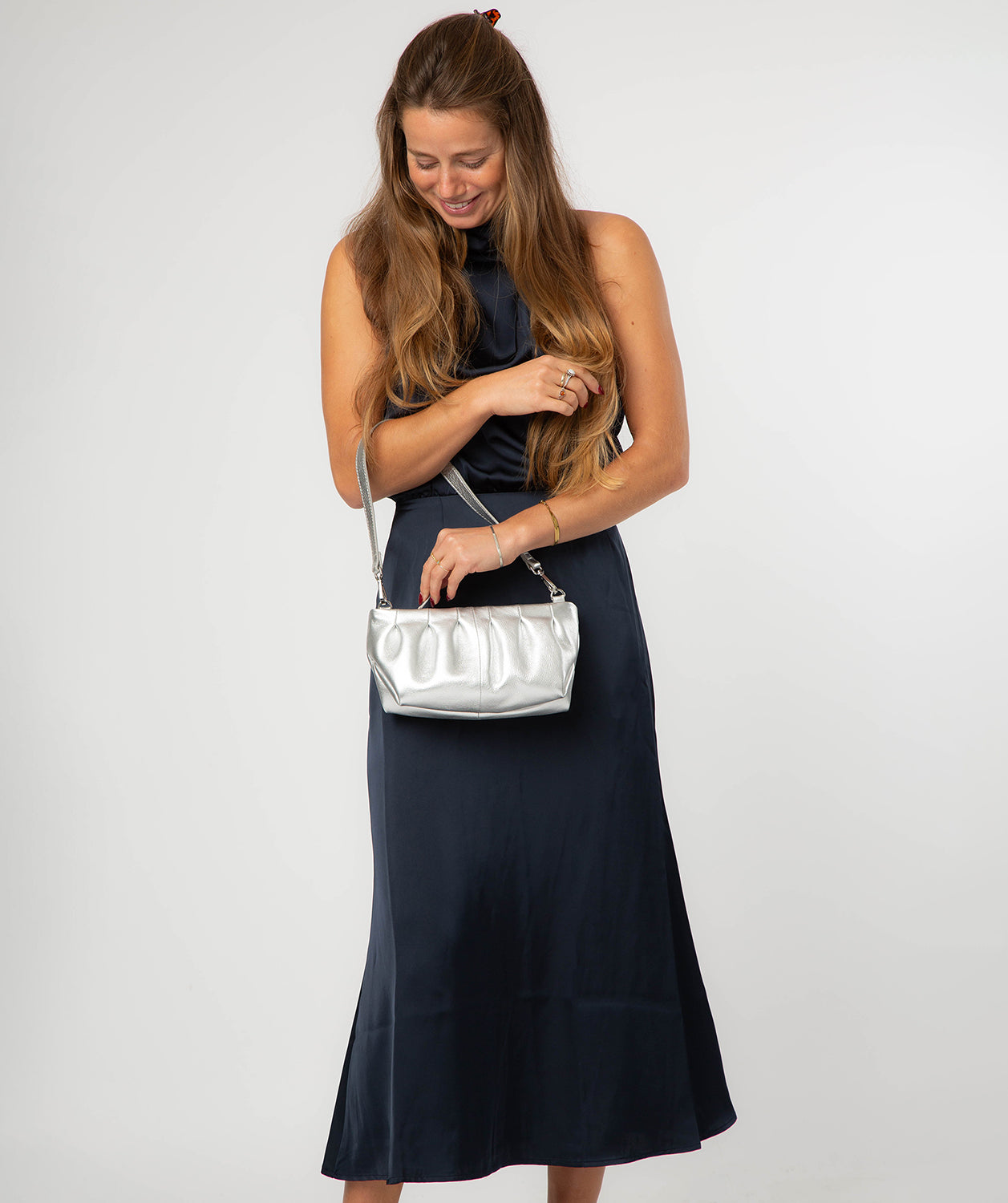 'Marcelline' Metallic Silver Leather Evening and Clutch Bag