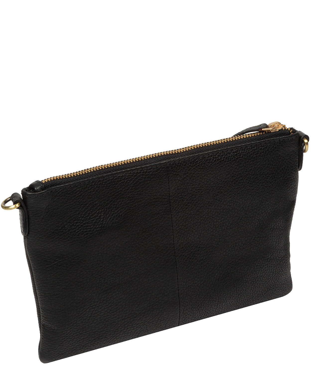 Black leather pebble grain texture and gold hardware detail