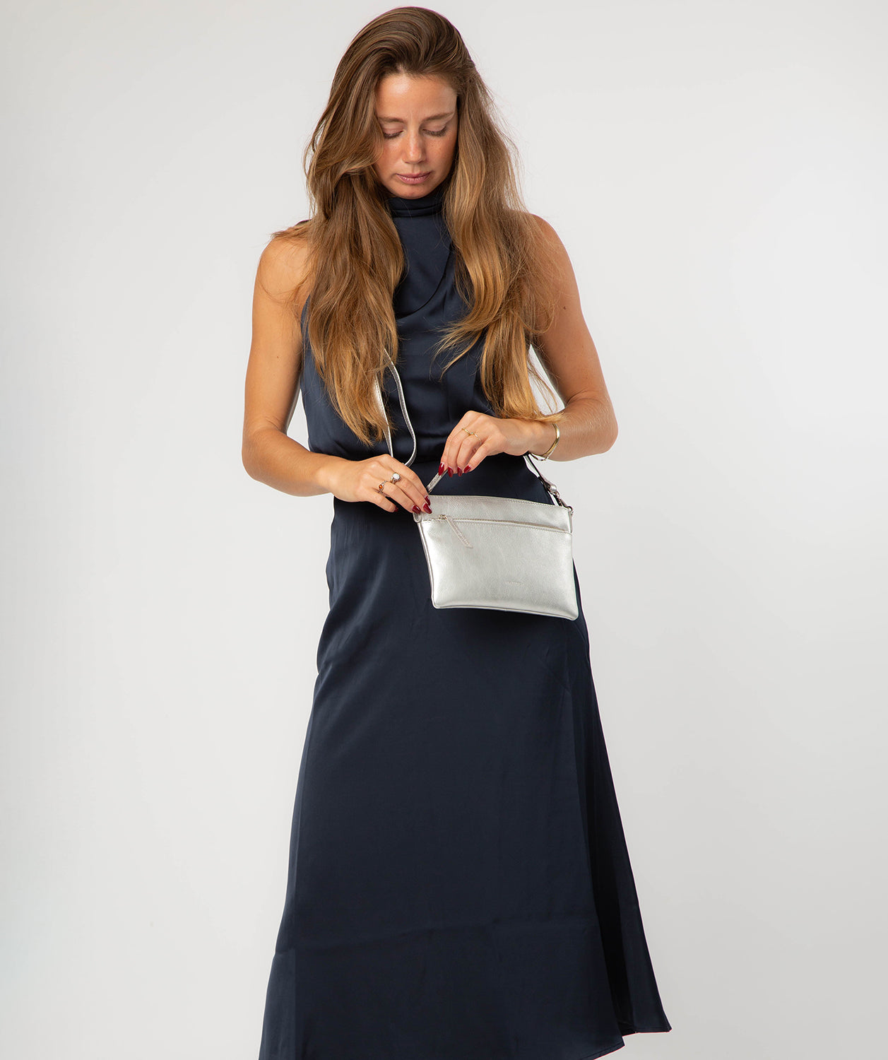 'Estelle' Metallic Silver Leather Clutch and Cross Body Bag