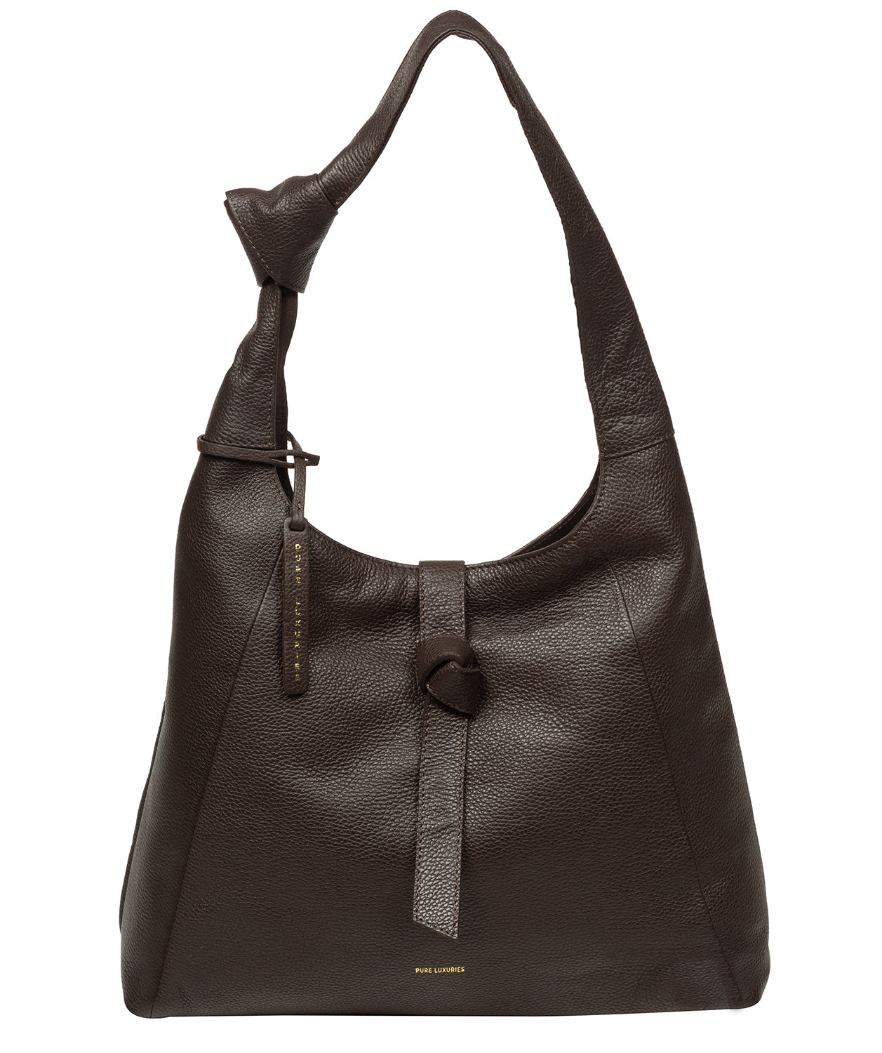 Grace shoulder bag side profile with tied fold-over strap detail