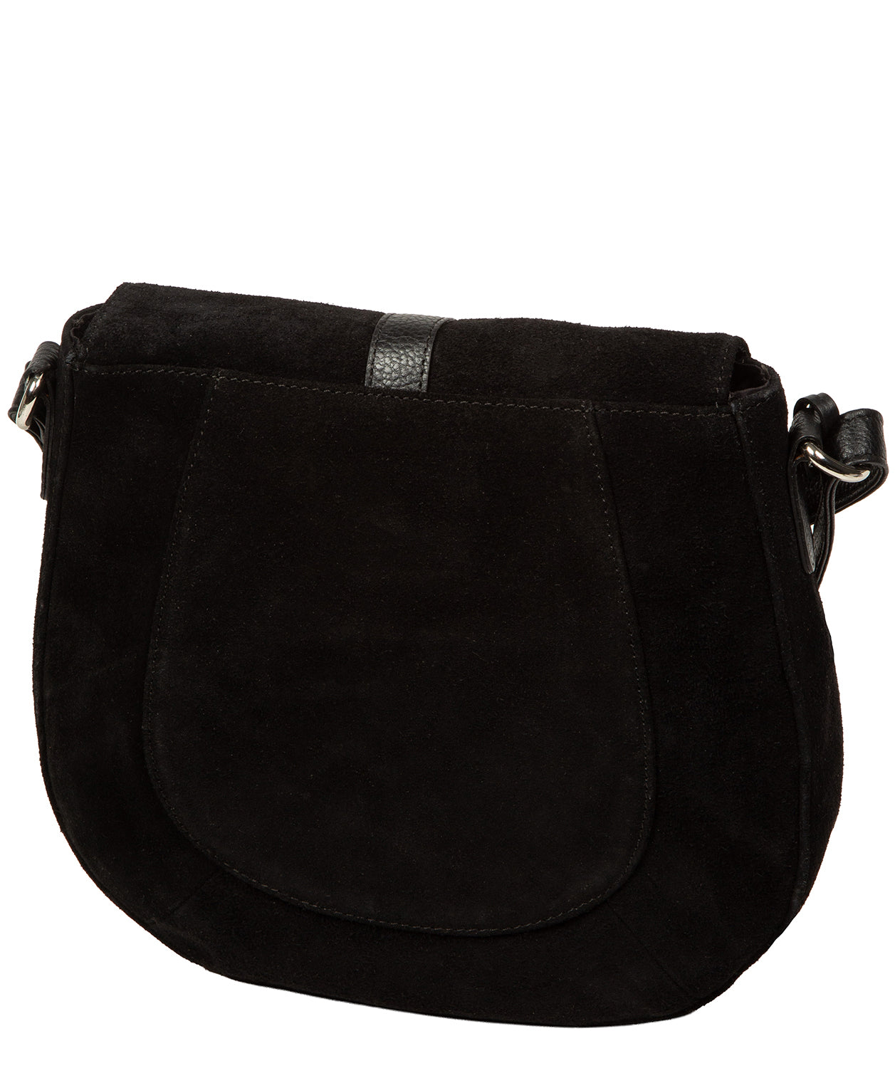 Mock buckle and fold-over top closure detail
