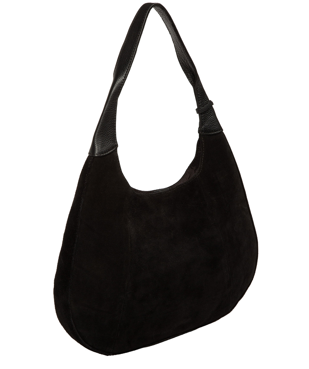 black suede handbag open top showing magnetic closure