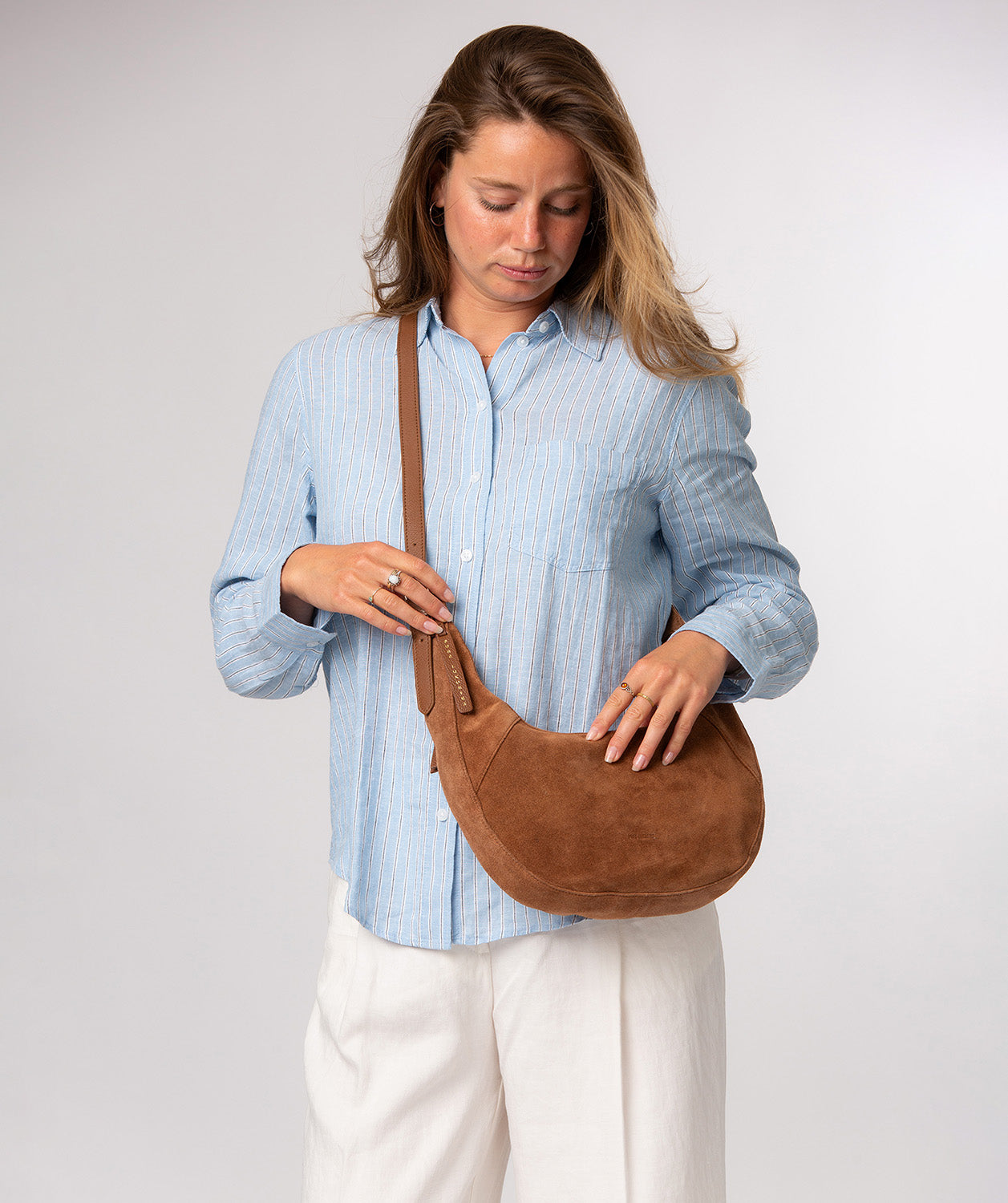 Pure Luxuries Felicity tan suede shoulder bag front view