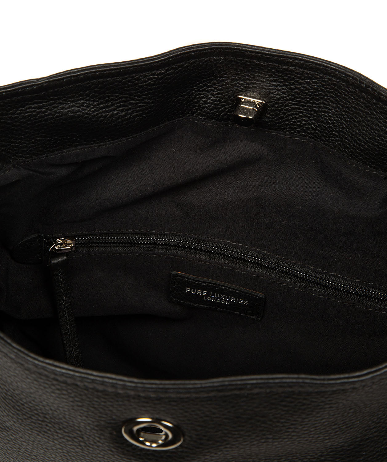 Interior view showing fully lined compartment and slip pocket