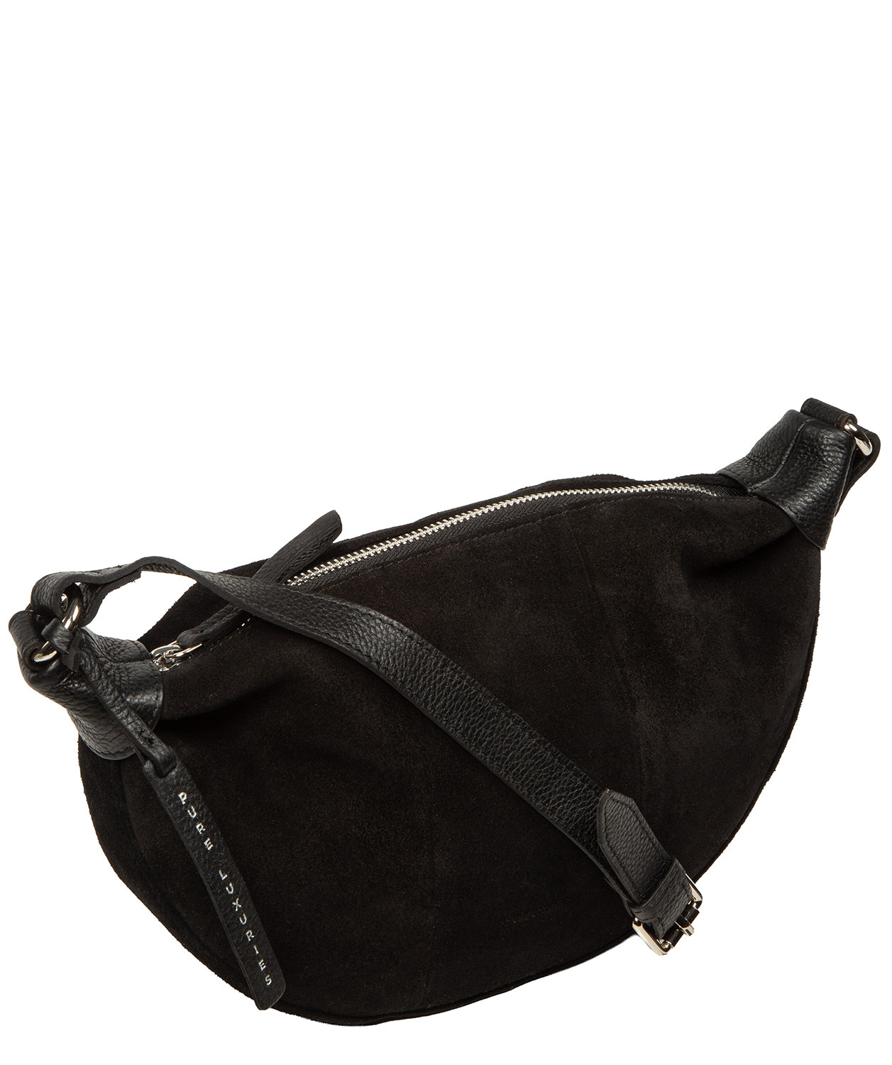 Harper black suede crossbody bag close-up texture detail