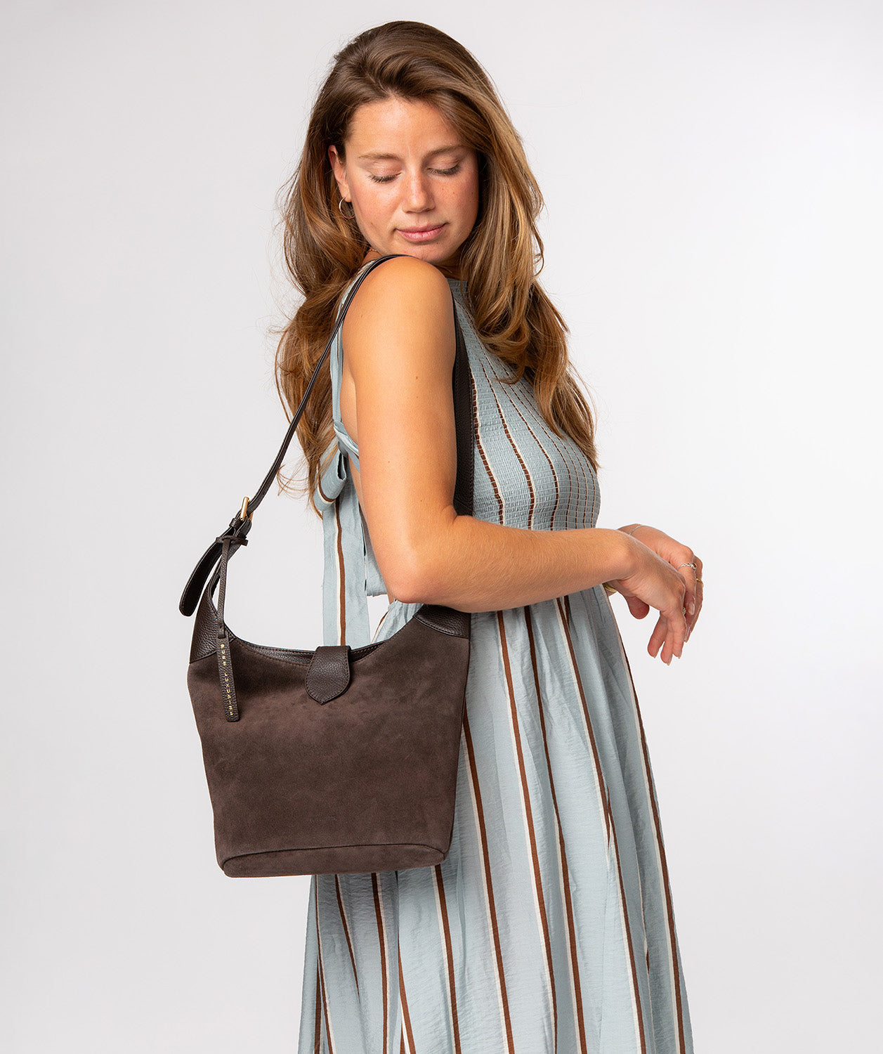 Pure Luxuries Aria espresso suede shoulder bag front view