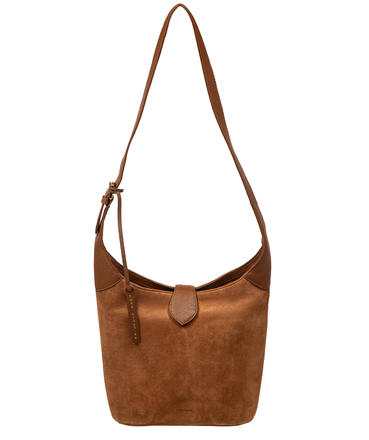 Pure Luxuries Aria tan suede leather shoulder bag front view