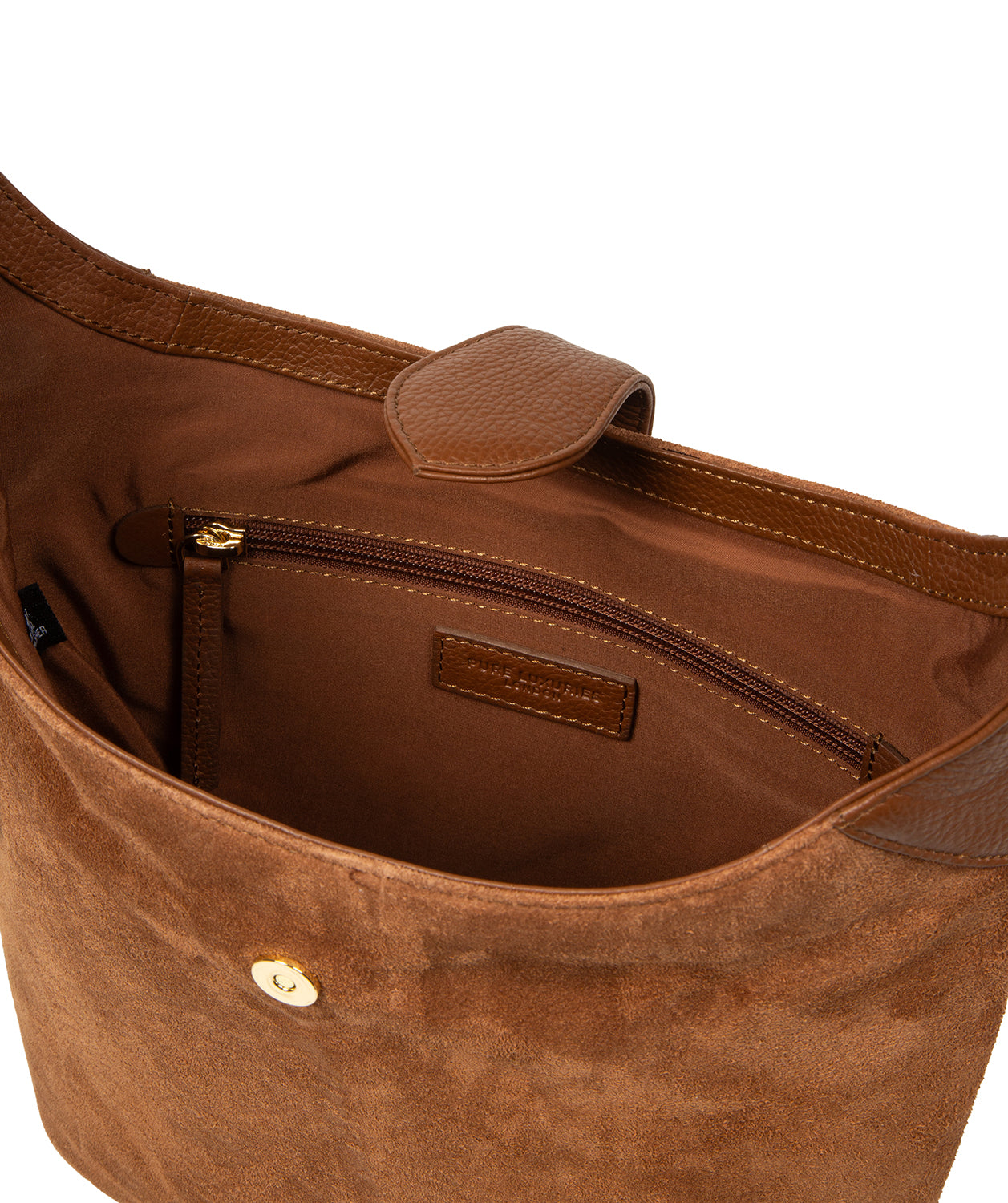 Adjustable leather shoulder strap with gold embossed logo