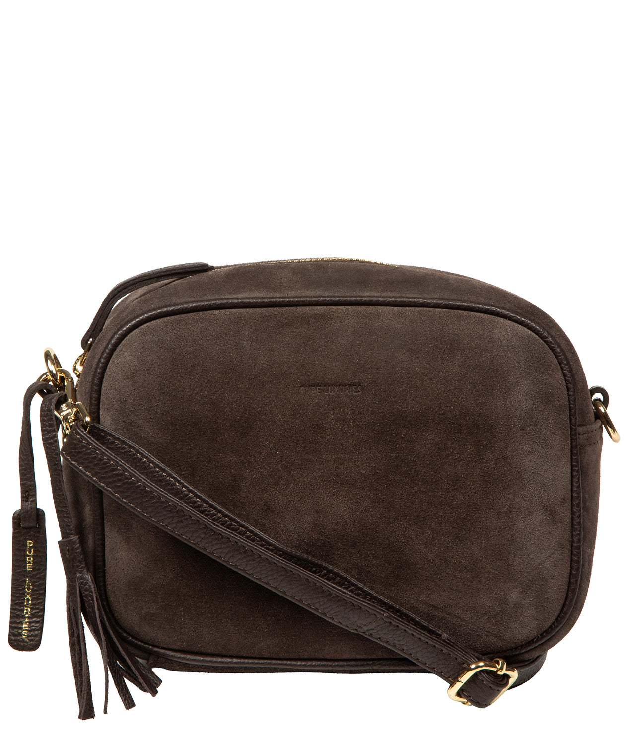 Espresso suede crossbody bag with leather trim and tassel detail
