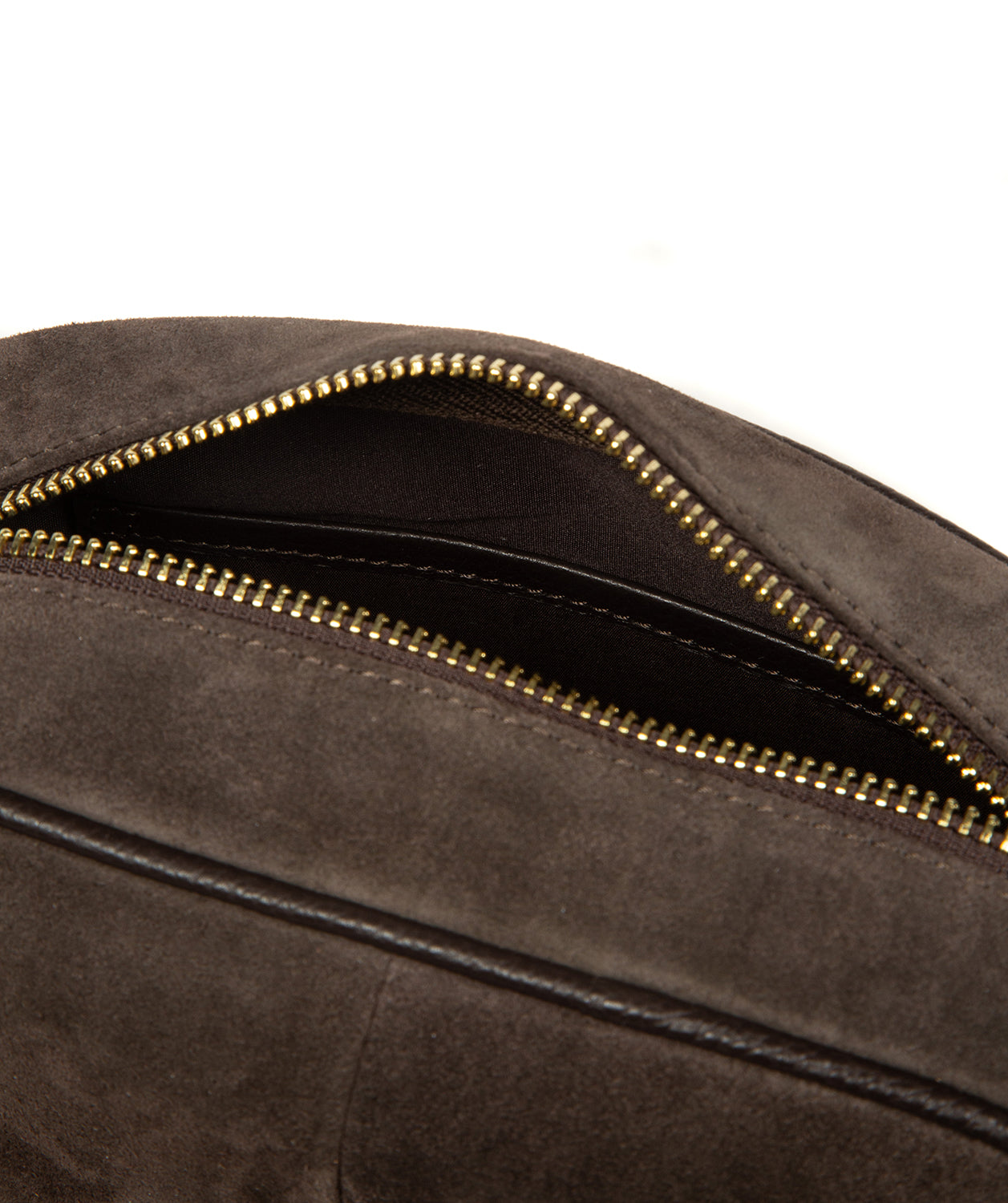 Side profile of Espresso suede crossbody bag